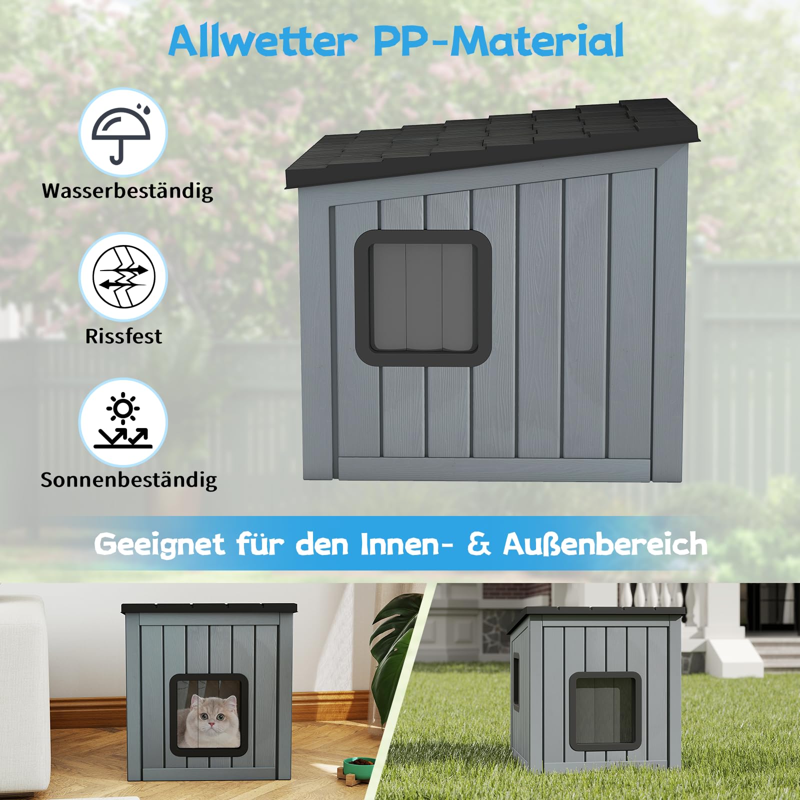 GOPLUS Katzenhaus Outdoor Winterfest, wetterfeste Katzenhütte aus PP mit 2 Türen und geneigtem Dach, Plastik Haustierhaus für Haustiere, Katzenhöhle, Welpenunterkunft für drinnen & draußen
