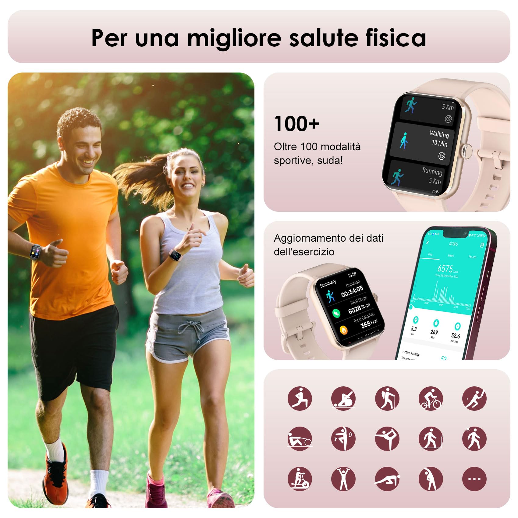 IOWODO Smartwatch,Orologio Fitness per Donna,1.85'' Smart Watch con Risposta Chiamate, Monitor del SpO2/ Sonno,24H Cardiofrequenzimetro,100 modalità Sportive,Fitness Tracker per Android iOS