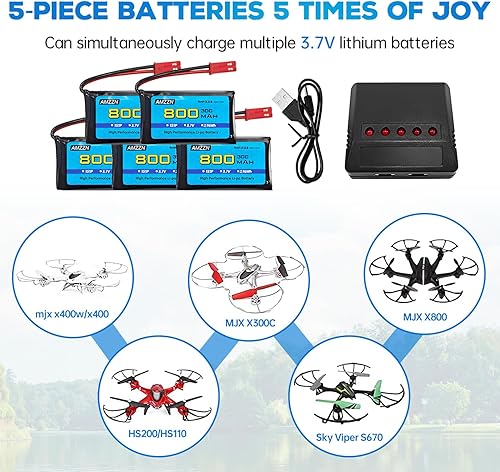 Miniatura 2 de 5 baterías Lipo de 3.7 V 800 mAh 30C con cargador 5 en 1 enchufe JST para SYMA X56W MJX X400W X300C X800 HS110 HS200 S670 V950hd S1750 V2450 RC