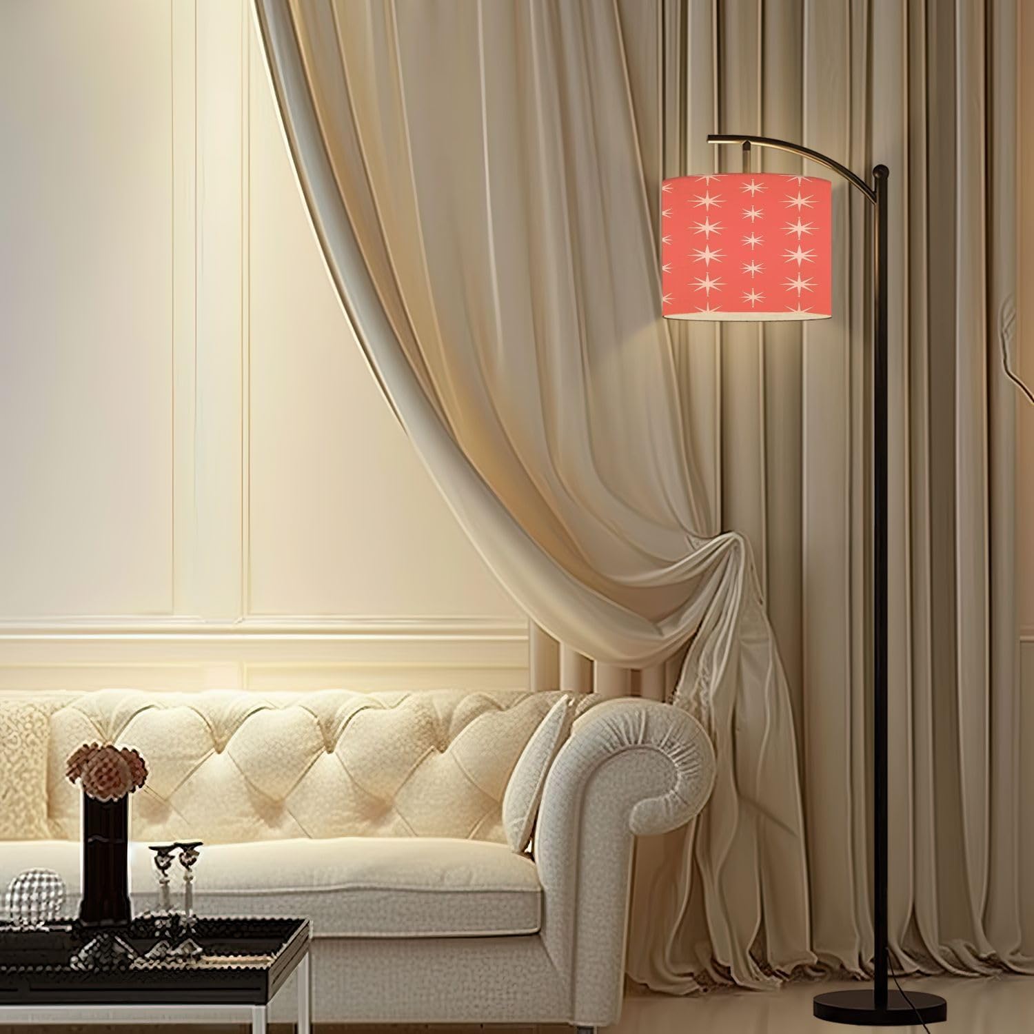 Arc Floor Lamp Mid Century Star Seamless Coral Pink White Retro Styled mod Look That Tall Standing Lamp Modern Dimmable with Remote Adjustable Drum Shade Footswitch for Living Room Bedroom Office