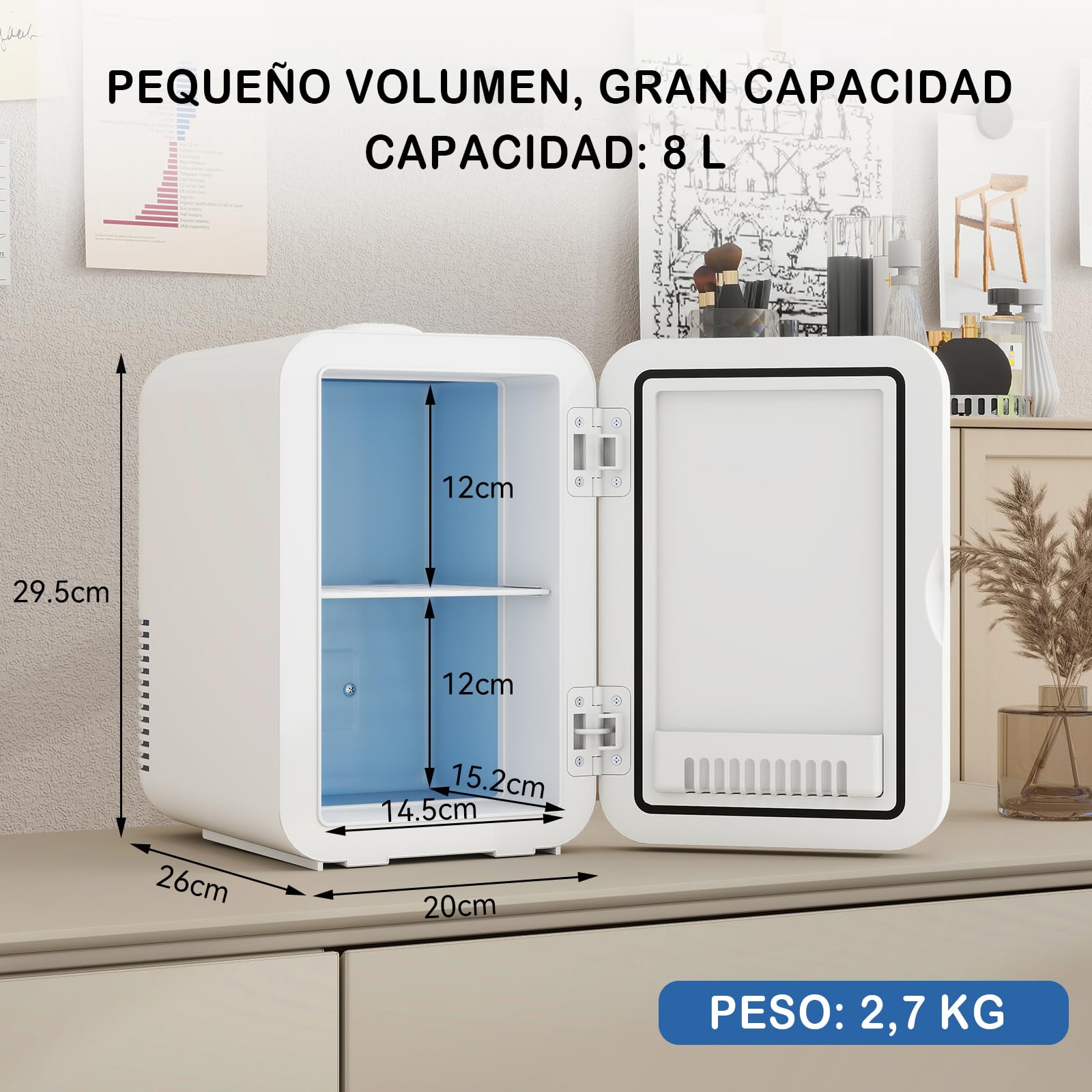 YU YUSING Mini Nevera 8L con Espejo LED, Frigorificos Pequeños Cosmética | mini frigorifico, Función Frío y Calor, Nevera Pequeña Portatil 12V/220V para Habitacion Coche Oficina Dormitorio, 8L, Blanco