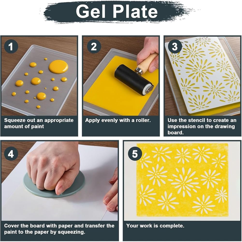 Gel-Platten-Kit Set 8x10 für Kartenherstellung, Scrapbooking mit Gel-Druck, Gummiwalze, Aquarellfarben & Schablonen