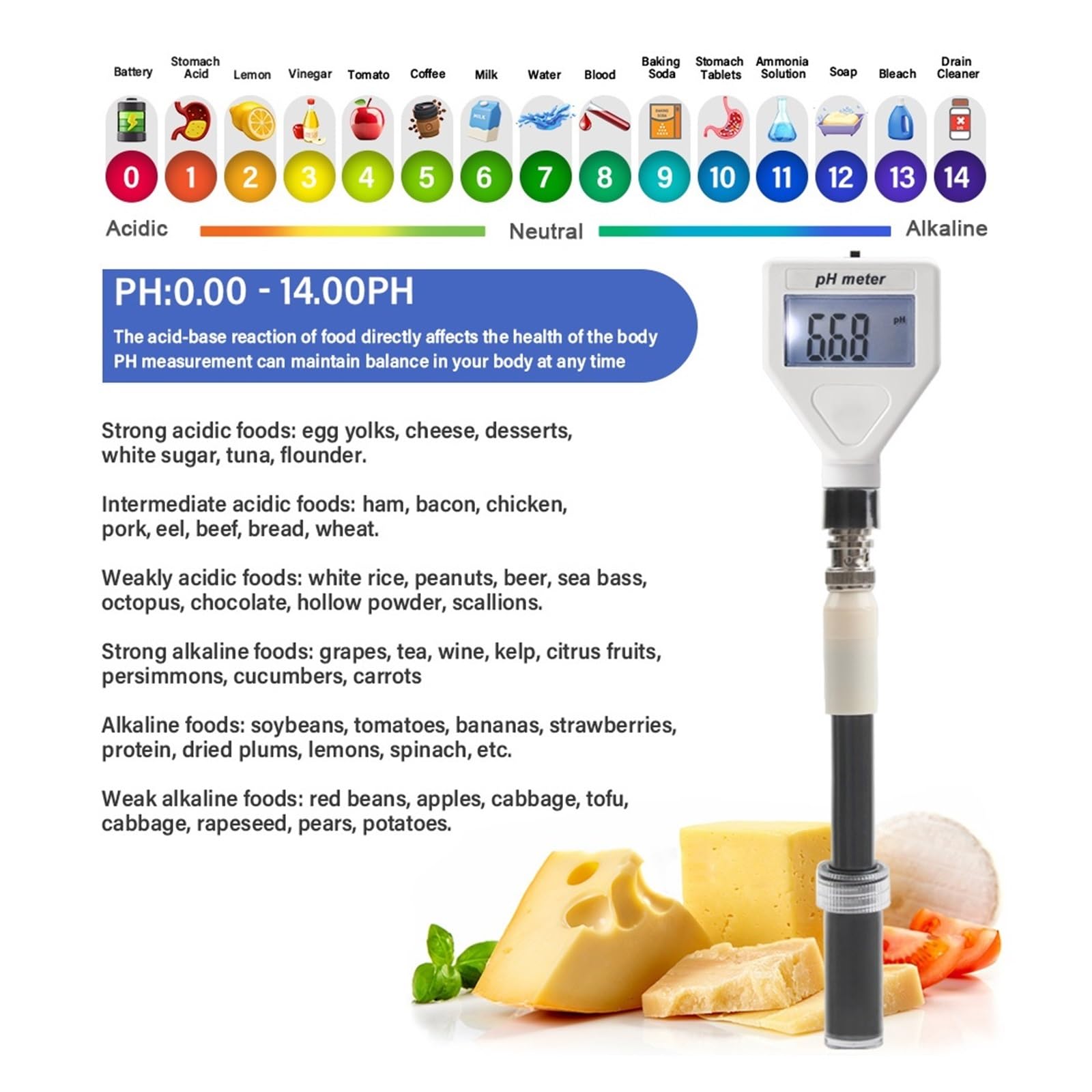 Medidor de humedad del suelo, Medidor digital de pH for alimentos con sonda plana de alta precisión for masa, carne, queso y agua potable. Para jardinería y agricultura