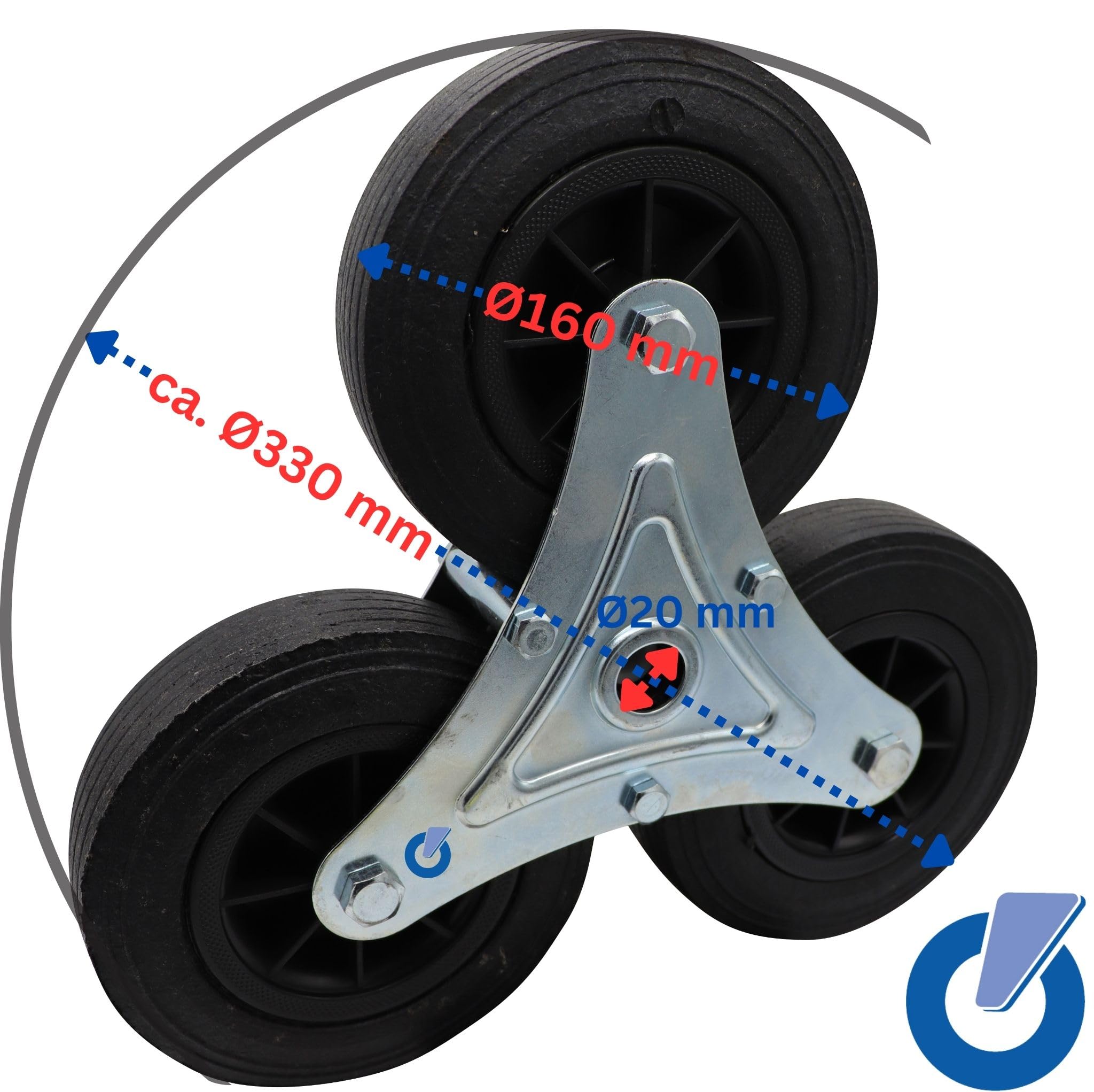 Rollentechnik Kit di conversione da carrello a carrello per scale, 2 stelle della ruota, 1 asse completo, 2 anelli di regolazione