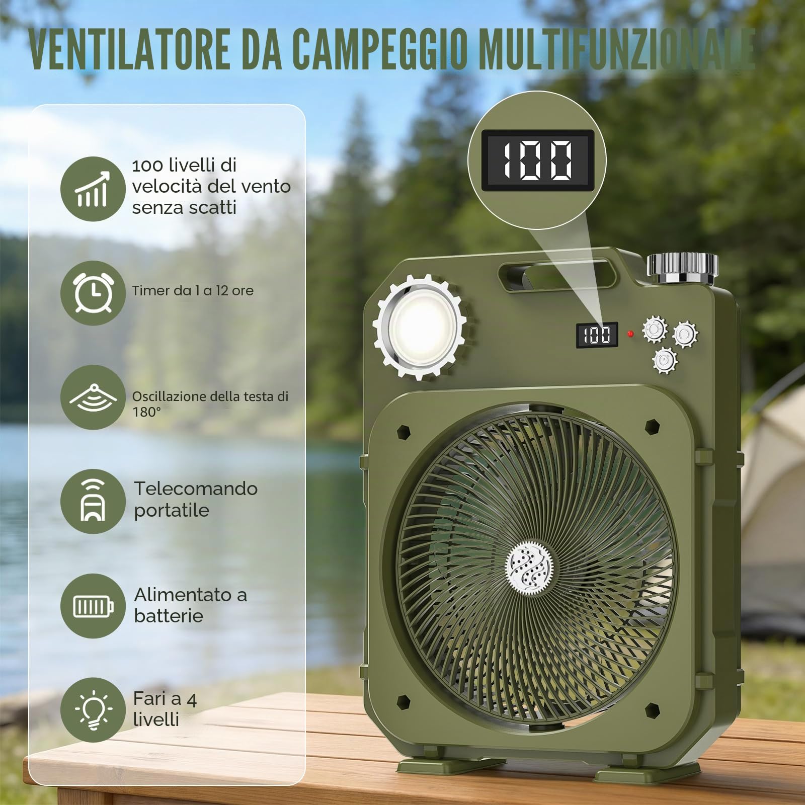 Ventilatore Campeggio con 4 Modalità di Illuminazione | Grande Batteria, Oscillazione Automatica, 100Velocità, Telecomando, Timer da 12 ore, Display Intelligente, Tenda, Viaggio