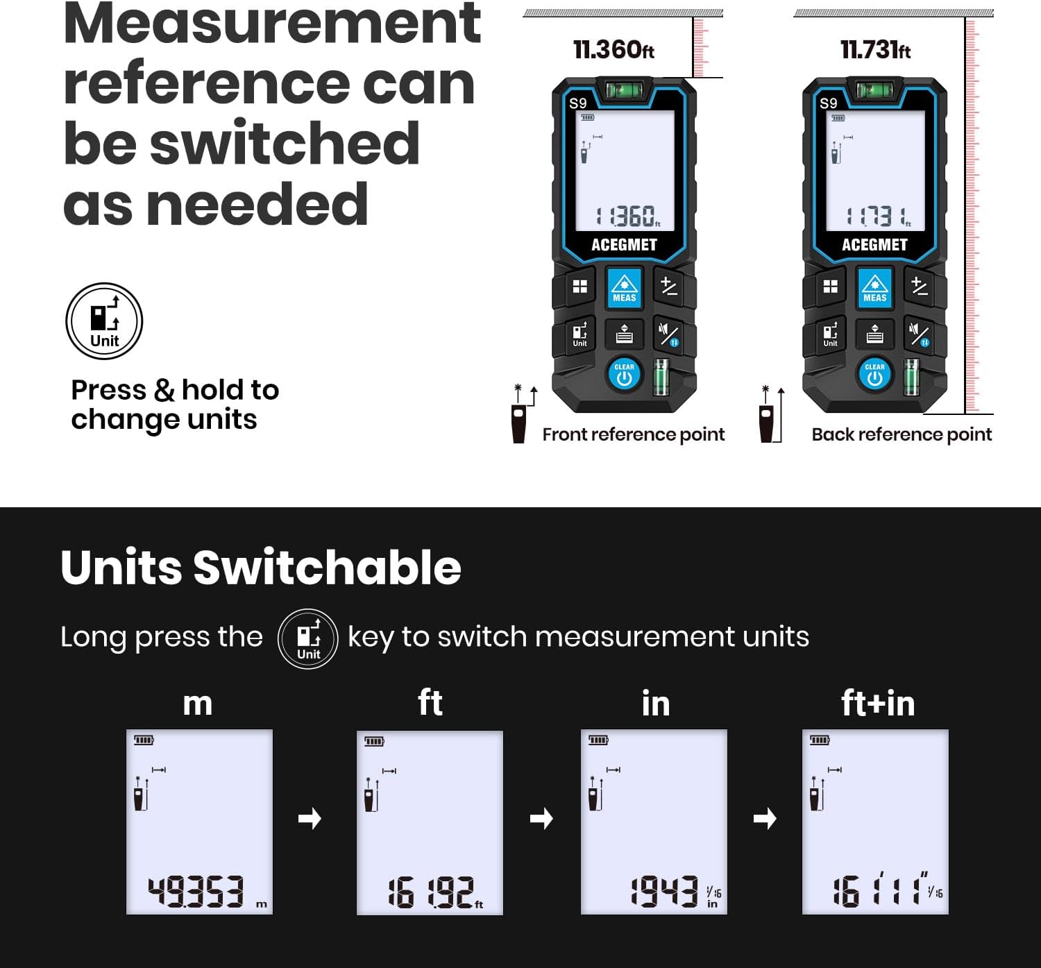 ACEGMET Laser Measure with Phone App, 229ft/70m Laser Measurement Tool with 2 Bubble Levels, LCD Backlit Display, IP54 Waterproof, Pythagorean Mode for Distance, Area, Volume