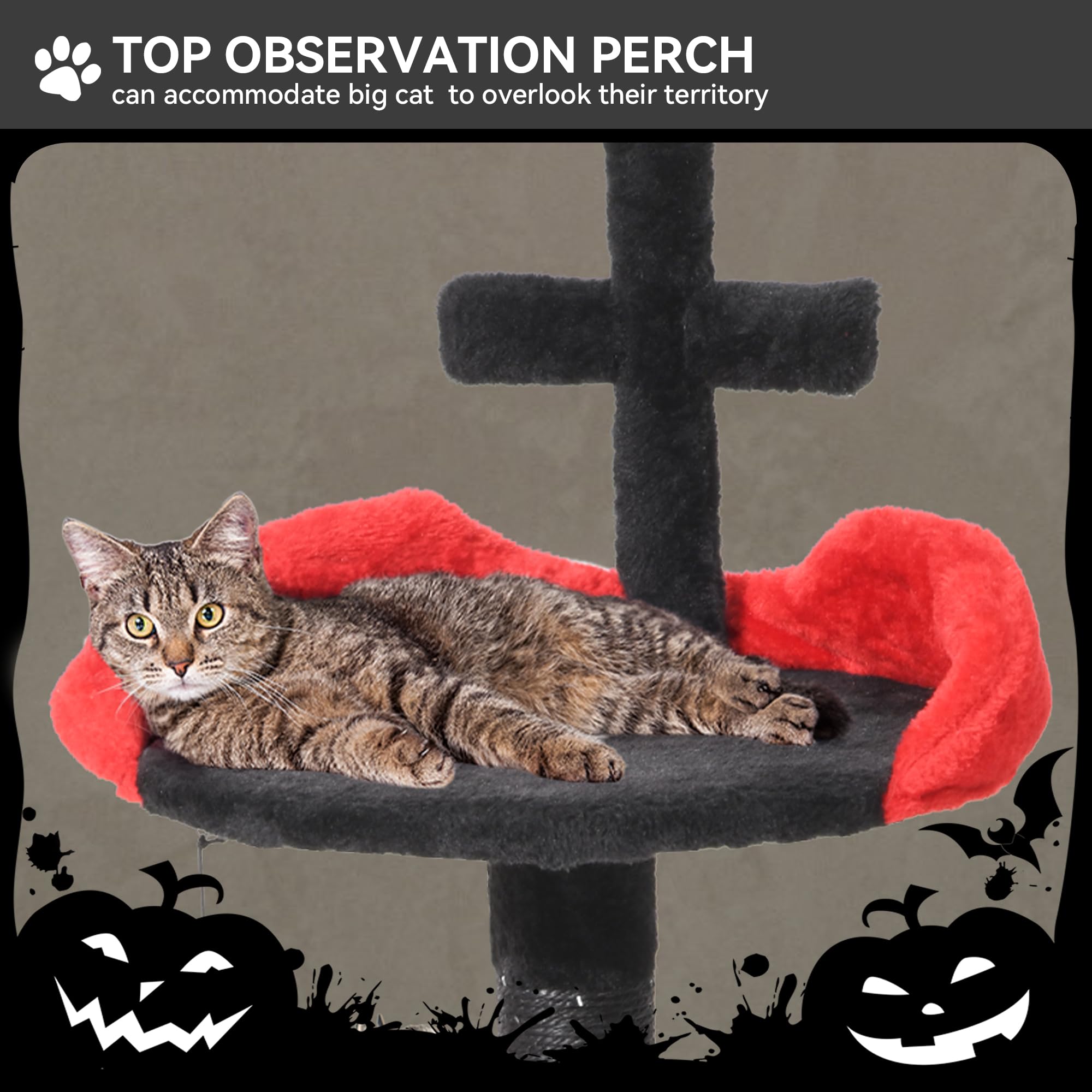 YITAHOME 38.5in Gothic Cat Tree: Indoor Kitten Tower with Coffin Bed Featuring Spacious Condo, Spider Hanging Ball, Scratching Post, Black Halloween