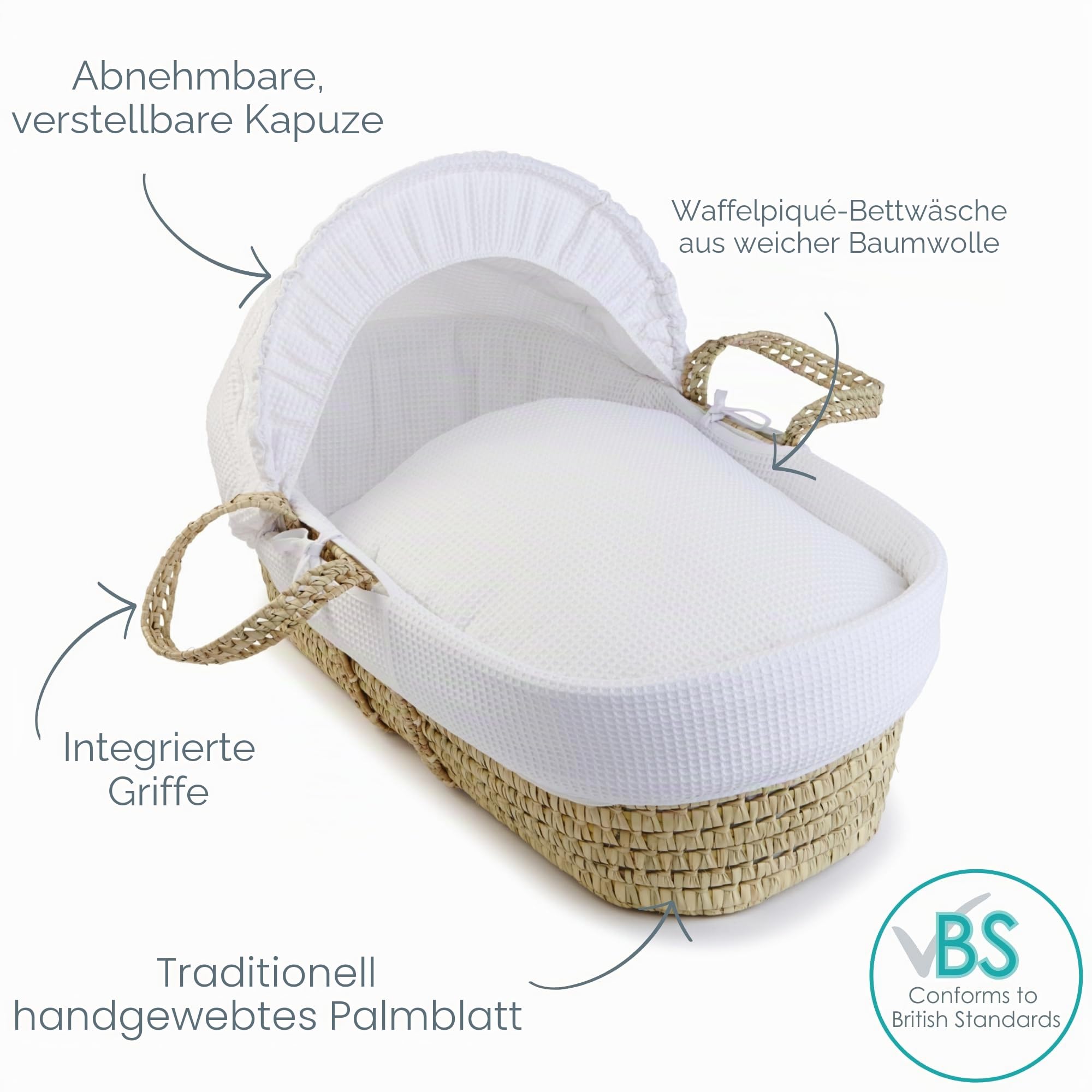 Clair de Lune Babykorb mit Waffelpalme, 75 x 28 cm, Weiß
