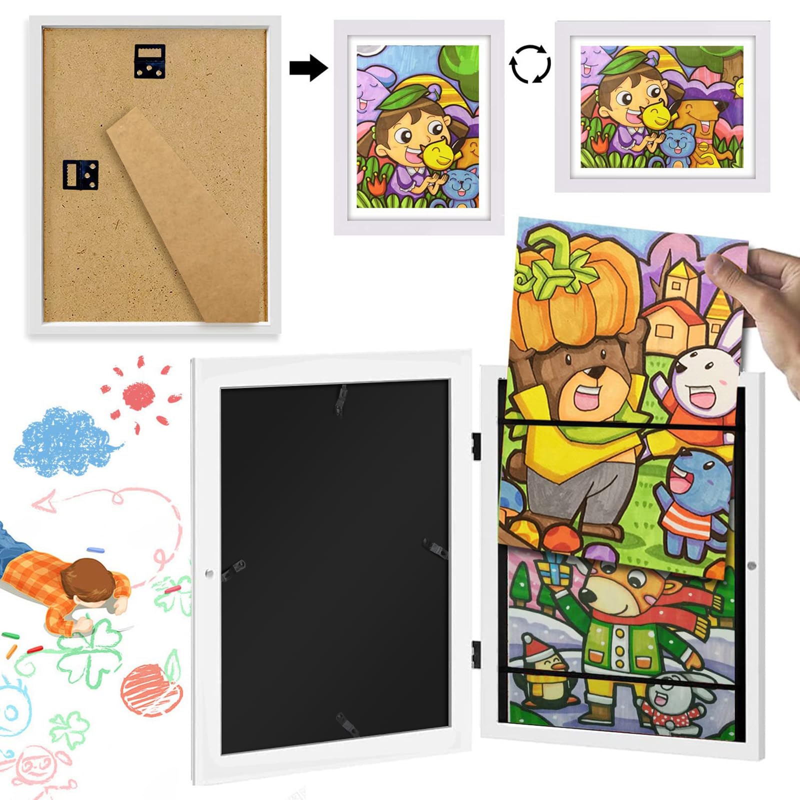 2pcs Marco dibujos Infantiles con A4 20 Dibujos Apertura Frontal Cuadro Guardar Dibujos Cambiar Almacenamiento Obras de Arte Capacidad 100
