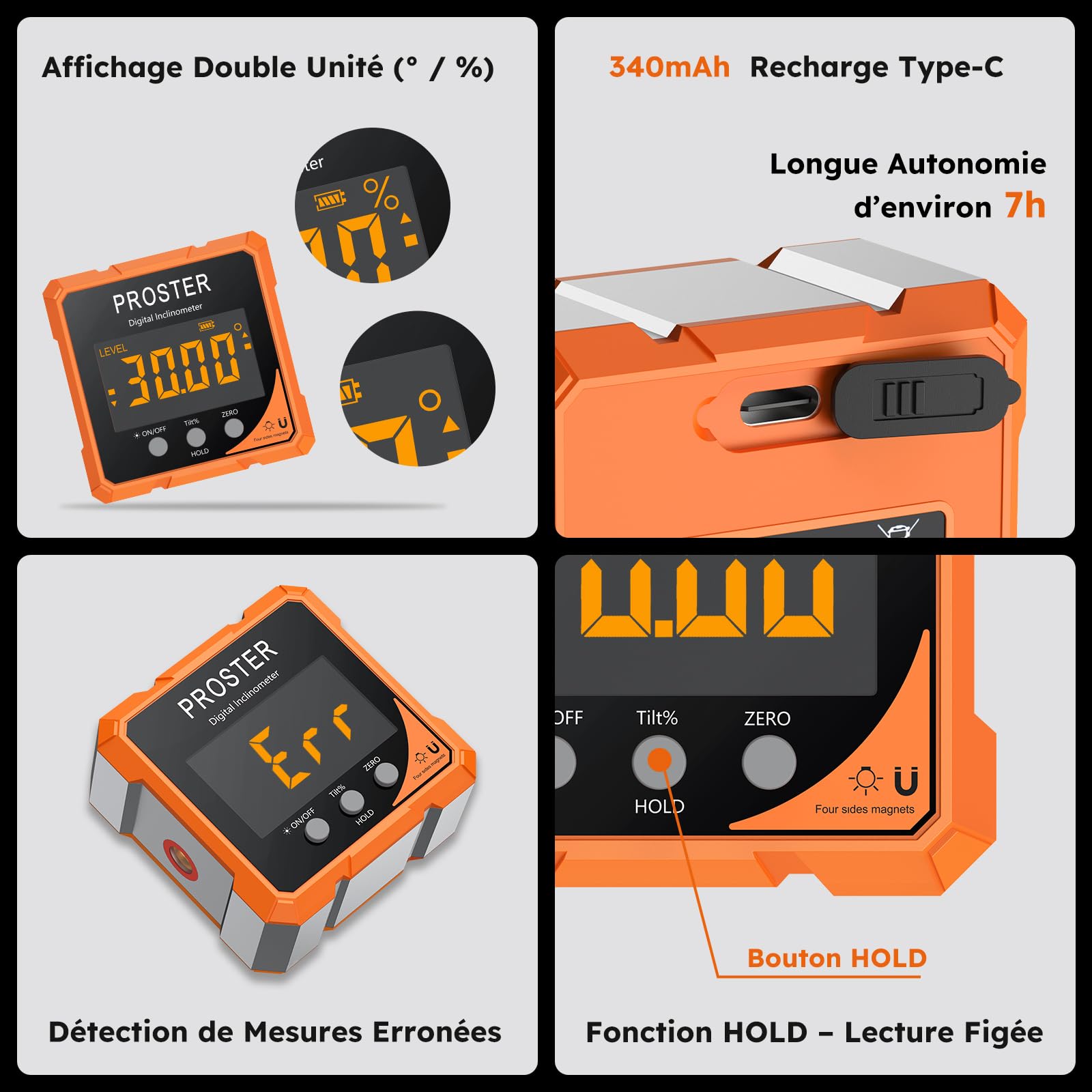 Proster Inclinomètre Numérique avec Laser 4 Côtés Magnétiques - Niveau Digital Rechargeable Précision ±0.1° Écran LCD VA IP54 Étanche Outil de Mesure d’Angle pour Menuiserie Chantier et Décoration