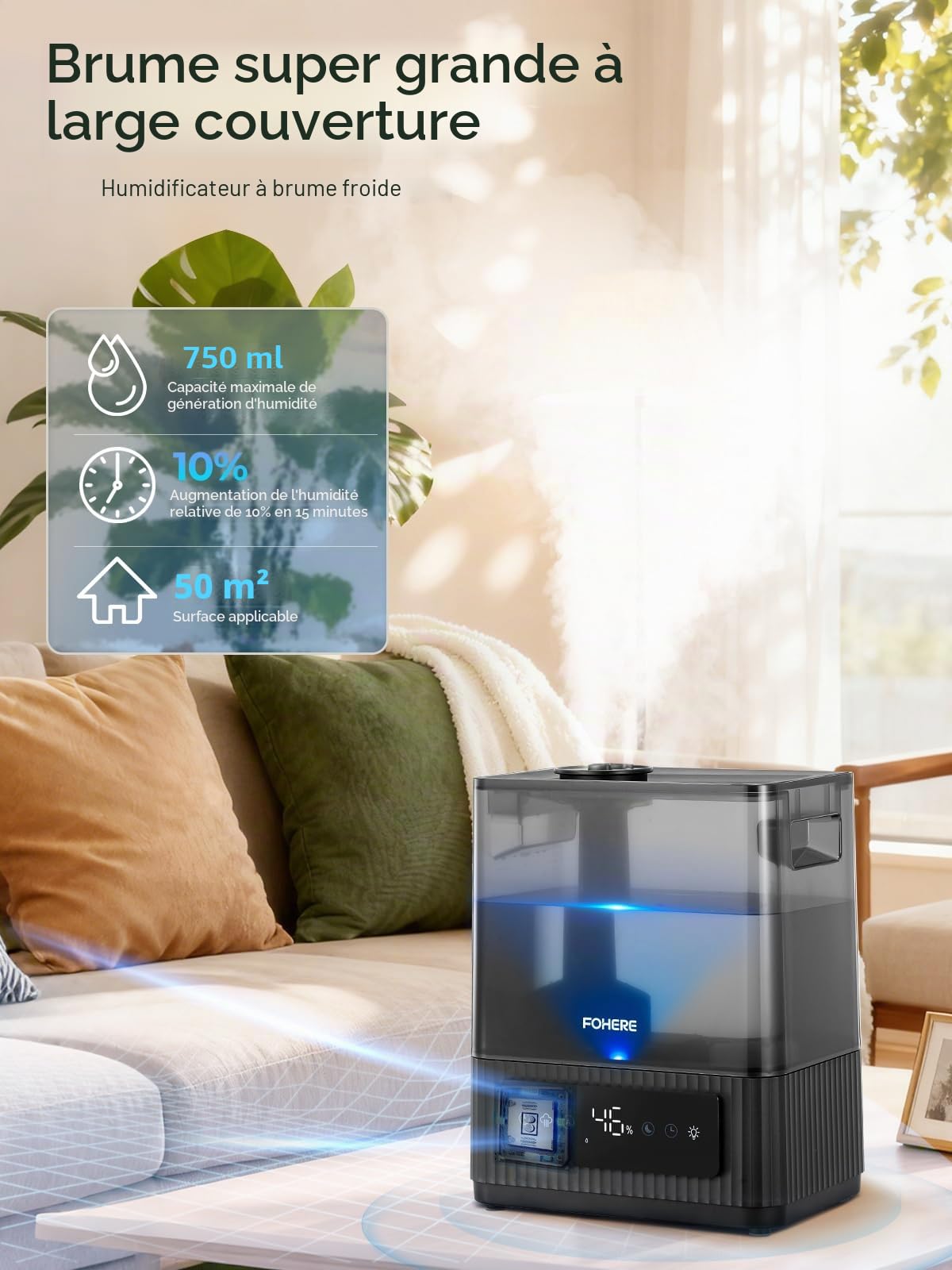6L Humidificateur D'air Chambre à Brume Froide Silencieux, Autonomie 60H et Minuterie 12H, Humidificateur avec Capteur D'humidité Précis, Remplissage Par Le Haut pour Grandes Pièces et Salon, Noir