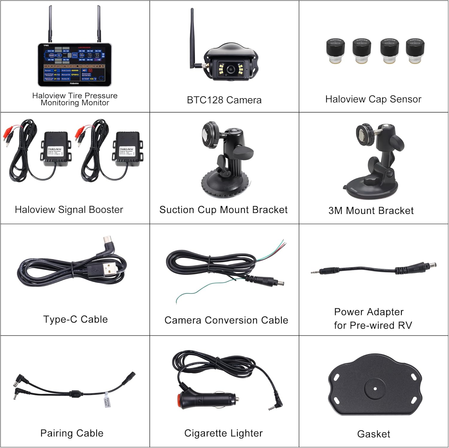 All components included in the Haloview BT7 TPMS package, neatly arranged.