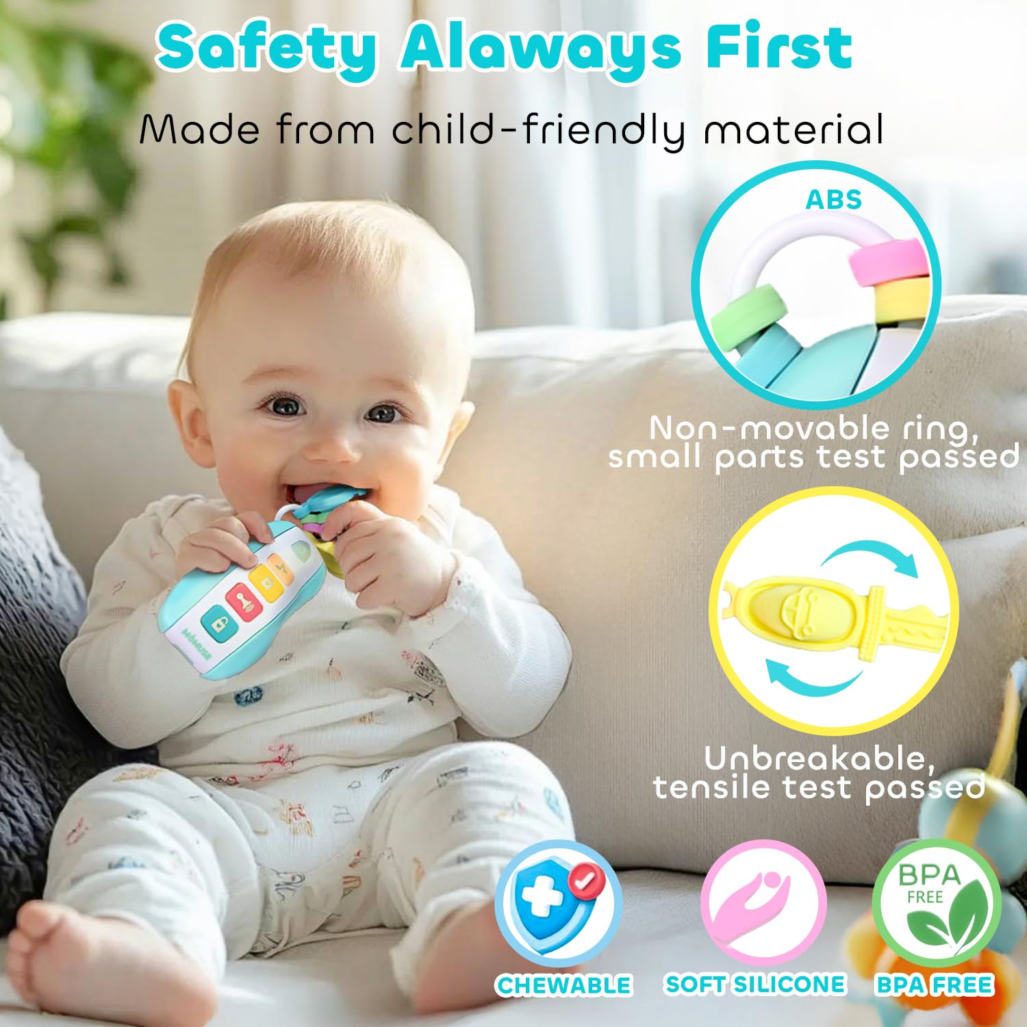 MOMUSE Giochi Dentizione Neonato con Chiavi dell'auto, Massaggia Gengive Neonati Anello per la Dentizione del Bambini Senza BPA, Giocattoli Musicali per Neonati di età Superiore ai 6 Mesi