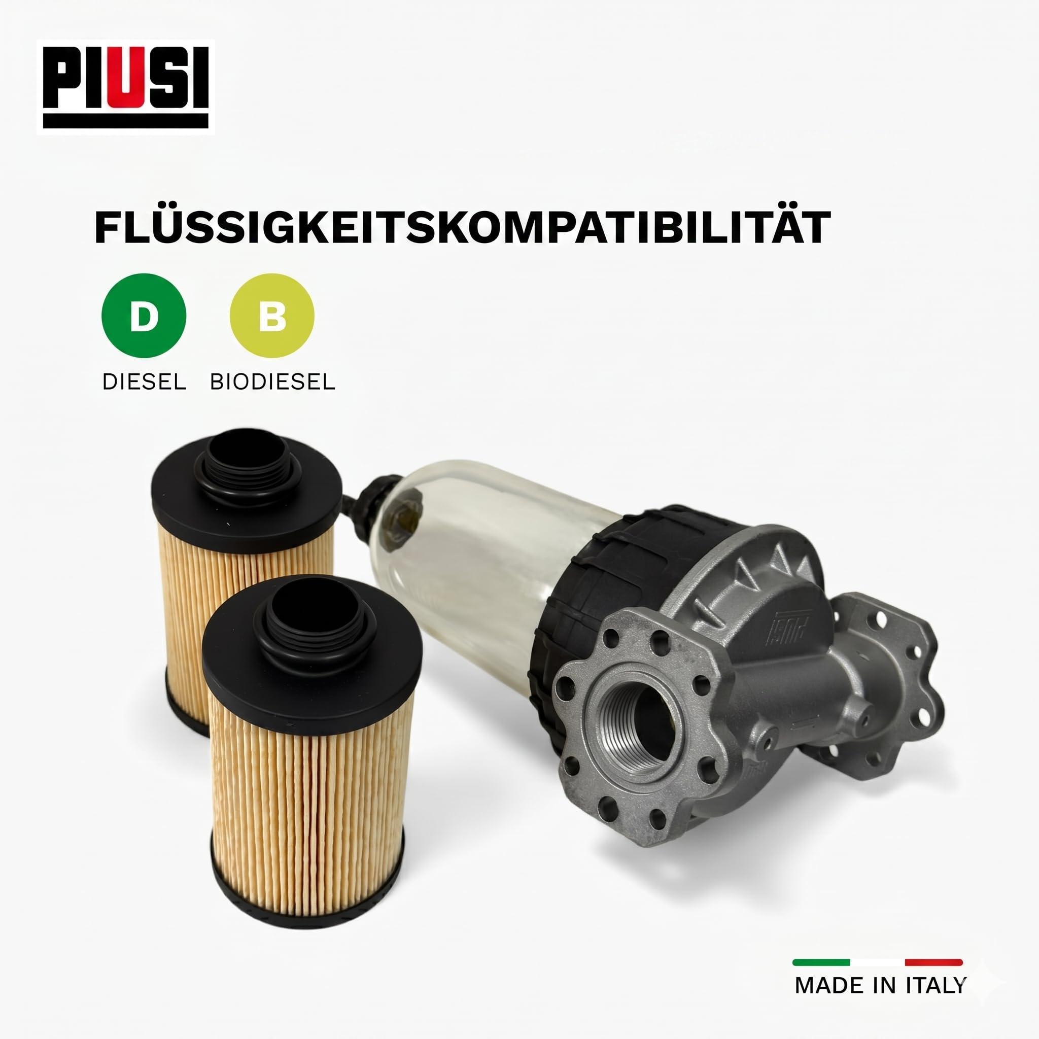PIUSI Diesel-, Benzin- und Ölfilter mit austauschbarer Patrone, Komplettset Kopfstütze + 2x Patronen, Durchflussrate 100 l/min, Druck 5 bar, 5 Mikron Filterung | Clear Captor F00611B00