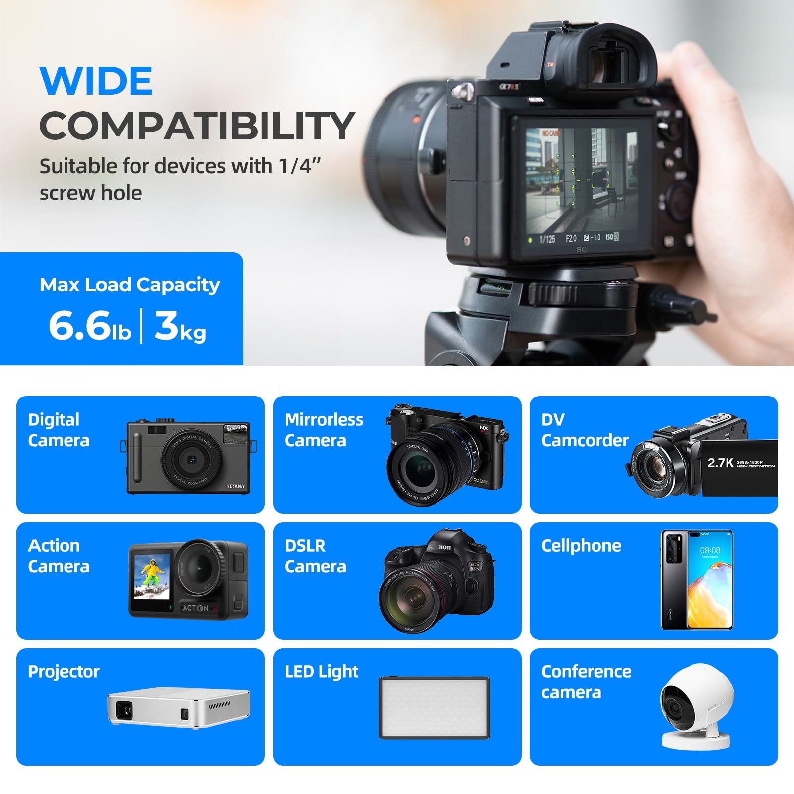 Ambitful 62" Professional Camera Tripod, Black - Removable Horizontal Mount for DSLR/Phone/Camcorder/Spotting Scopes, Tall Video Recording