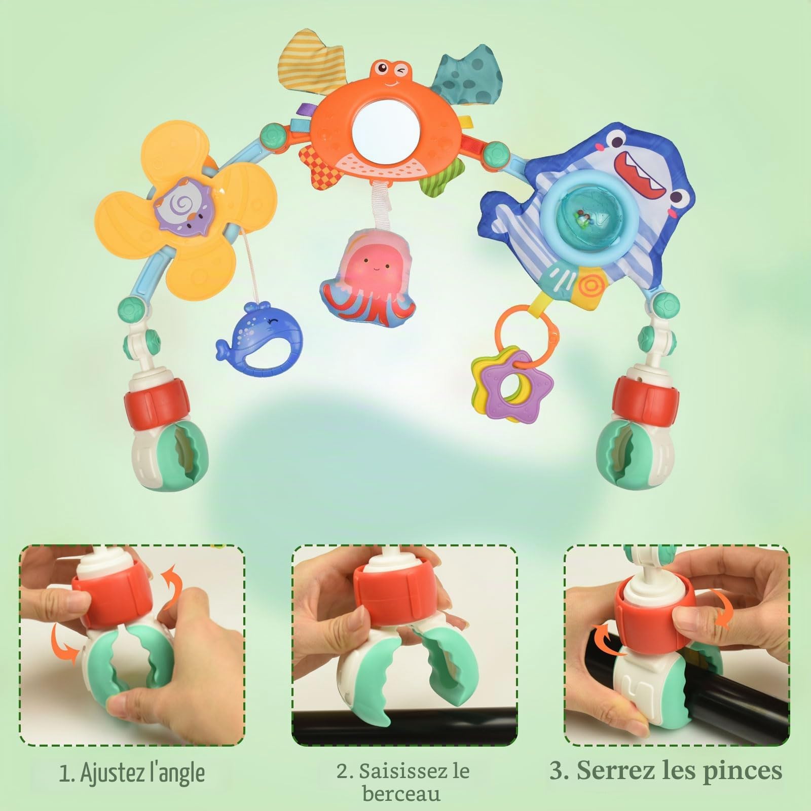 Arche Eveil Bebe, Réglable Arche D'activités pour Bébé avec Hochet Moulin à Vent, Arche Poussette Bebe pour Plupart Poussettes, Jouets D'éveil Bebe Cadeau pour 0 3 6 12 Mois Garçon Fille