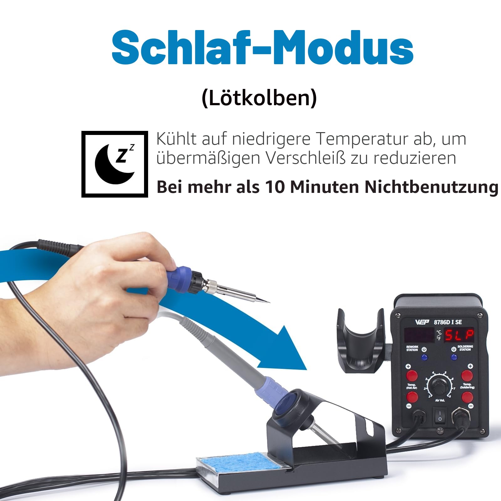WEP 8786D-I SE 2-in-1-Hot-Air-Lötkolben-Station-Kit zum Rework und Desolderen mit bleifreiem Lötdraht, 5 Lötspitzen, 3 Heißluftdüsen, Pinzette, Entlötpumpe (EU Stecker)