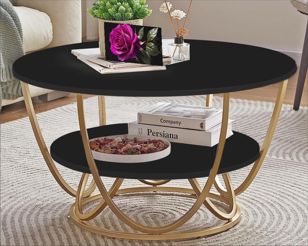 PURITY HANDICRAFTS Round Coffee Table, Centre Table in The Modern Living Room, Made of MDF Board with an Iron Frame and a Marble Pattern-Black Gold