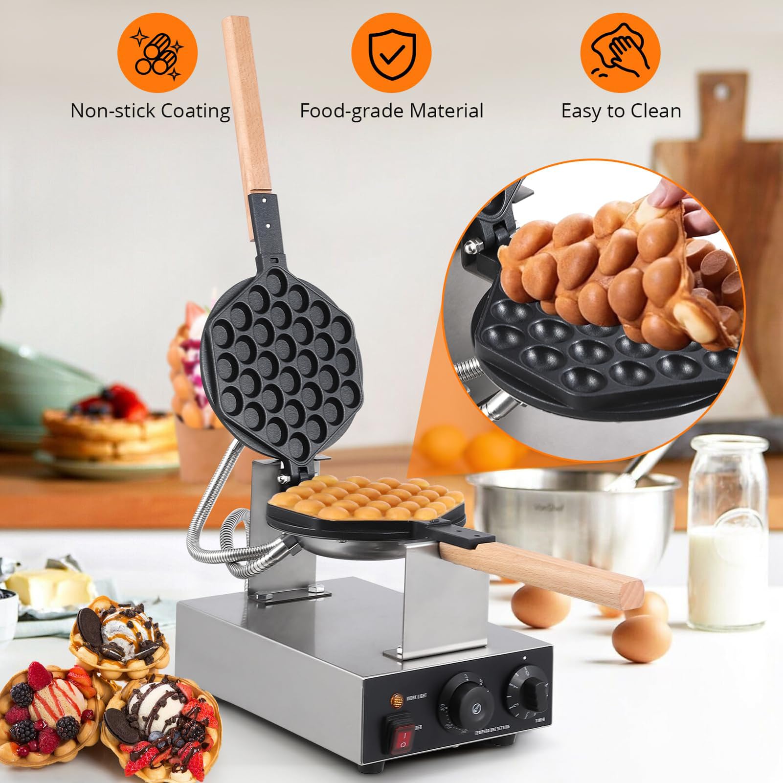 Bubble Waffle Maker de Estilo de Hong Kong 1400W/2800W,Sarten Gofres Girario Máquina de Gofres de Forma Huevo para Uso doméstico y Comercial,Single Head