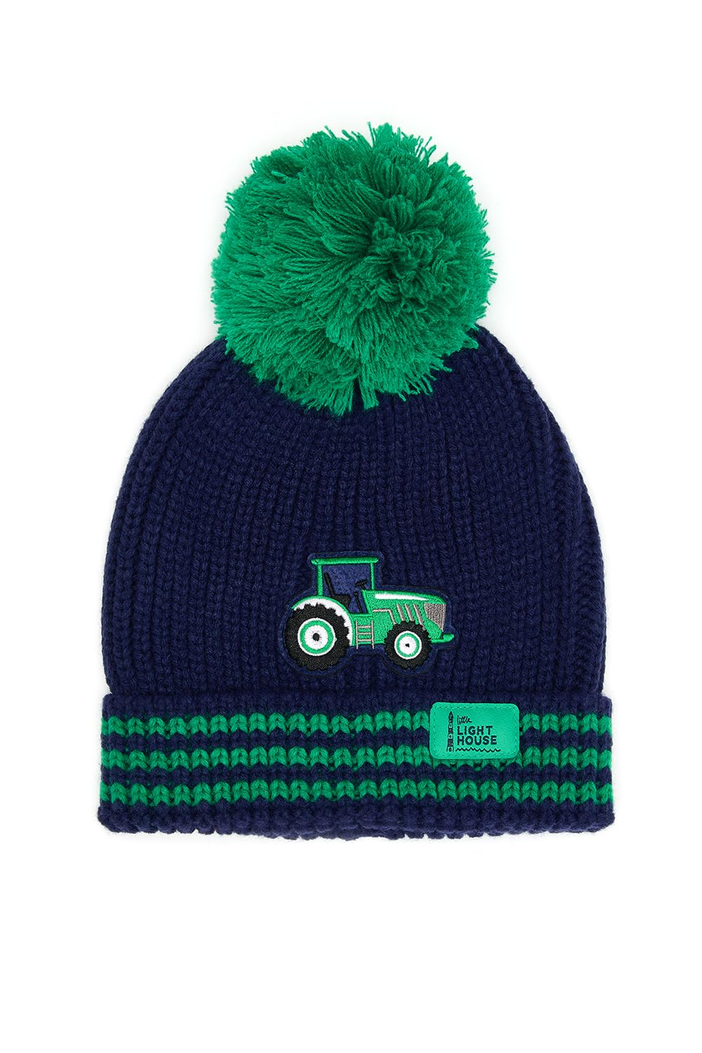 LightHouse Kids Bobbie Warm Bobble Cable Knit Hat - Childrens Winter Outdoor Headwear - Green Tractor - 5-10 Years