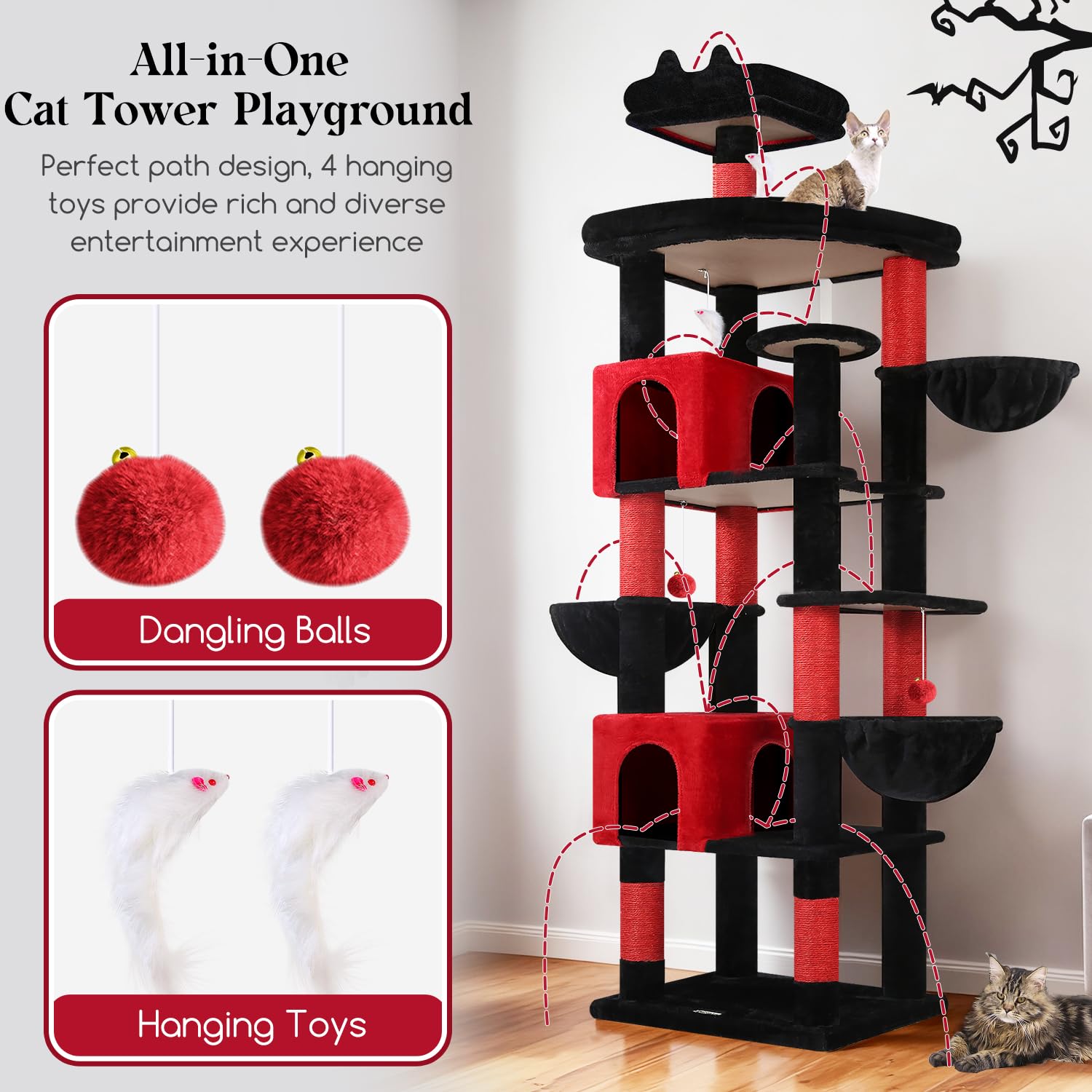 Globlazer Tiragraffi per Gatti Gotico Nero Rosso XXL Alto 209 cm con 2 Grotte, Grande Piattaforma, 3 Cesto, Trespoli Imbottiti, Torre del Gatto Stabile per Multipli Grandi Gatto Adulti (S82, Gotico)