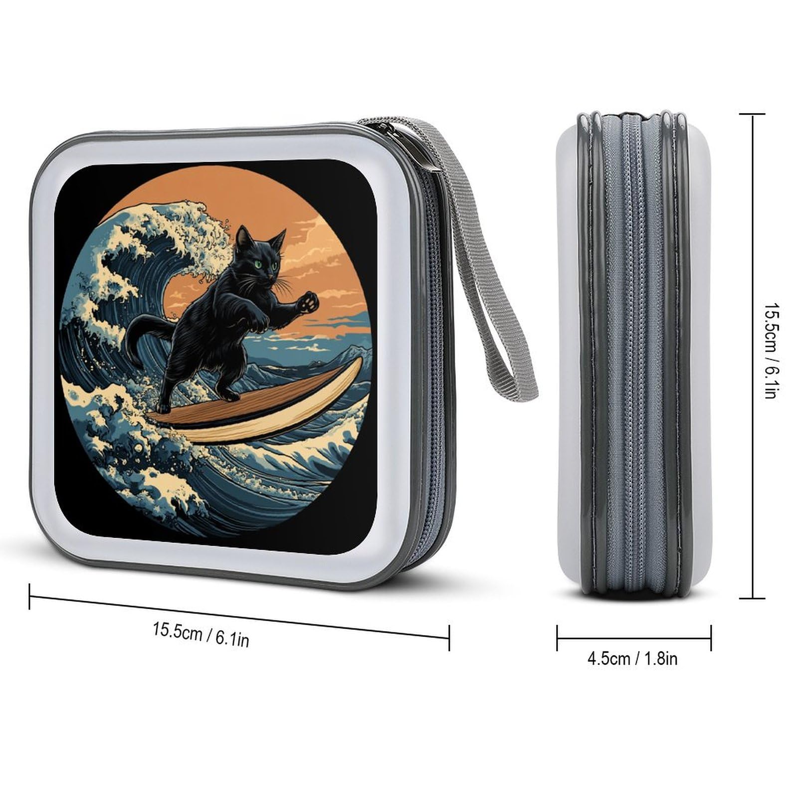 DuduYH Black Cat Surfing on The Wave CD Case DVD Storage Case Portable