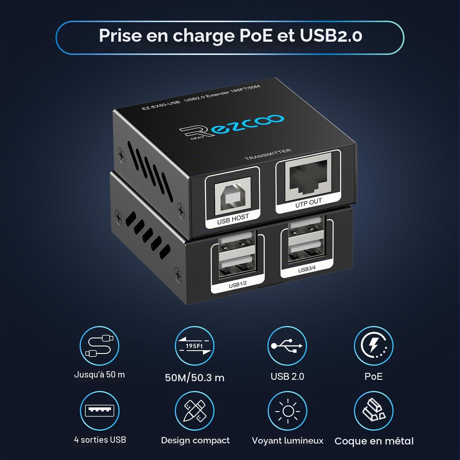 Extenseur USB 2.0 4 Ports USB sur Cat5e Cat6 RJ45 LAN Extension 5 V Faible consommation USB Ethernet Synchronisation de Travail Windows MacOS Android Linux sans Pilote EX50USB