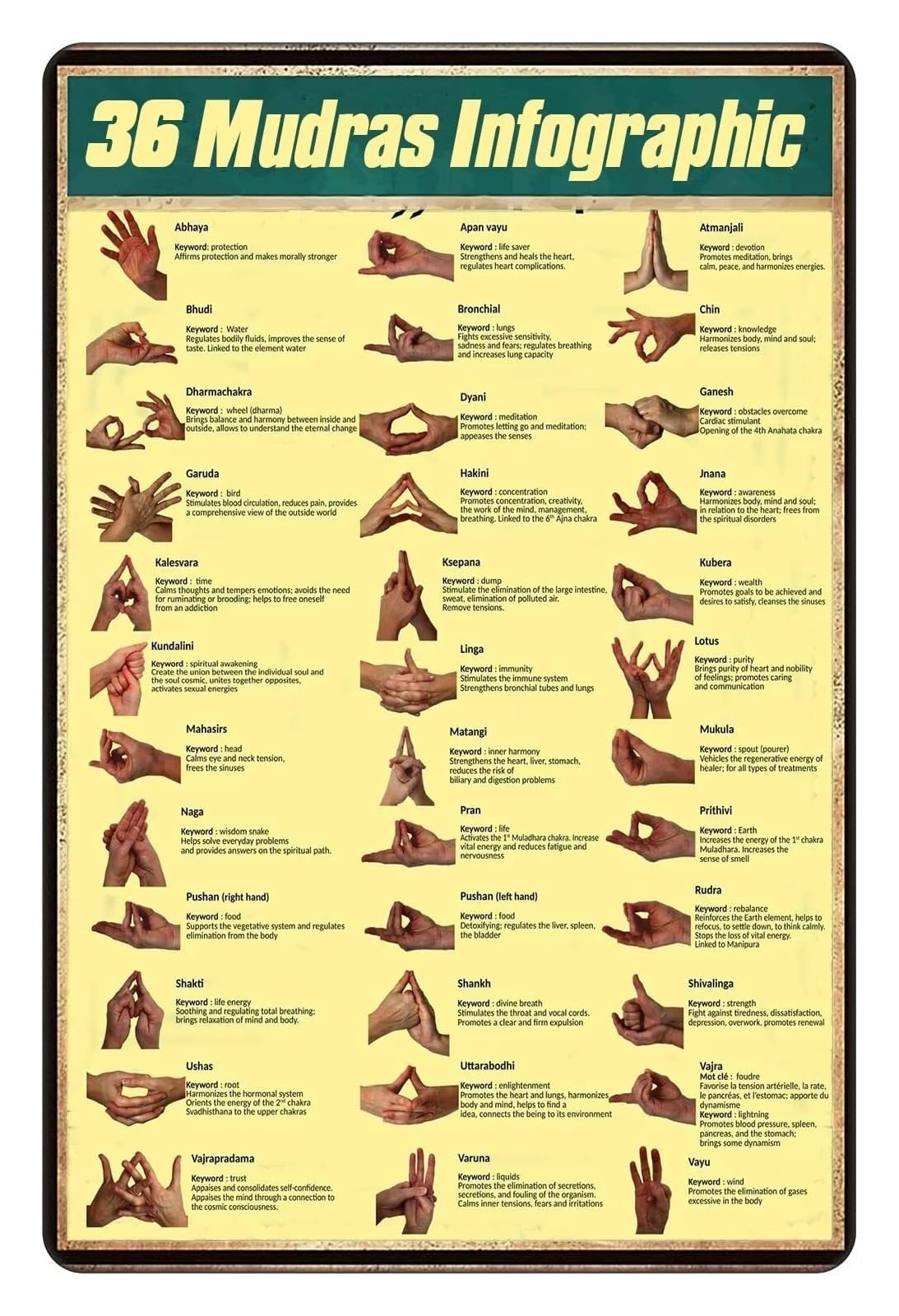 PKNVKZIDK Yoga Mudras and Hand Gestures Metal Sign Spiritual Meaning Reference Chart Retro Educational Art for Home Studio Wellness Decor 8 X 12 in