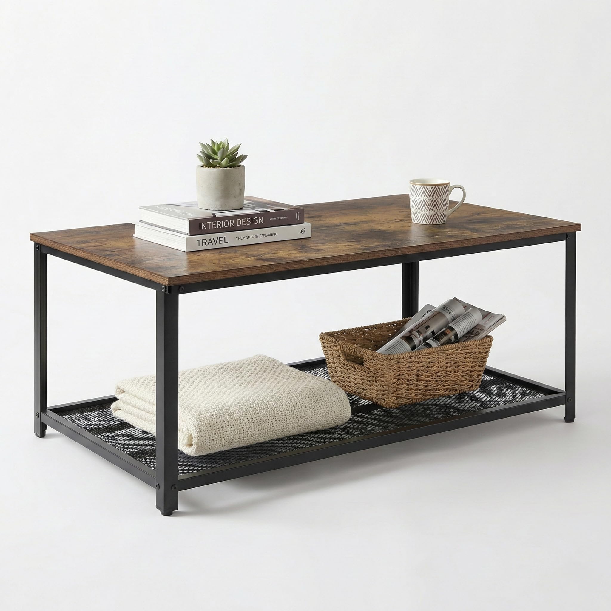 Mesa de centro industrial - Aspecto de madera vintage y acero - 2 capas - Con Estante de malla - Mesa Industrial - Sólida, Elegante & Fácil de Montar