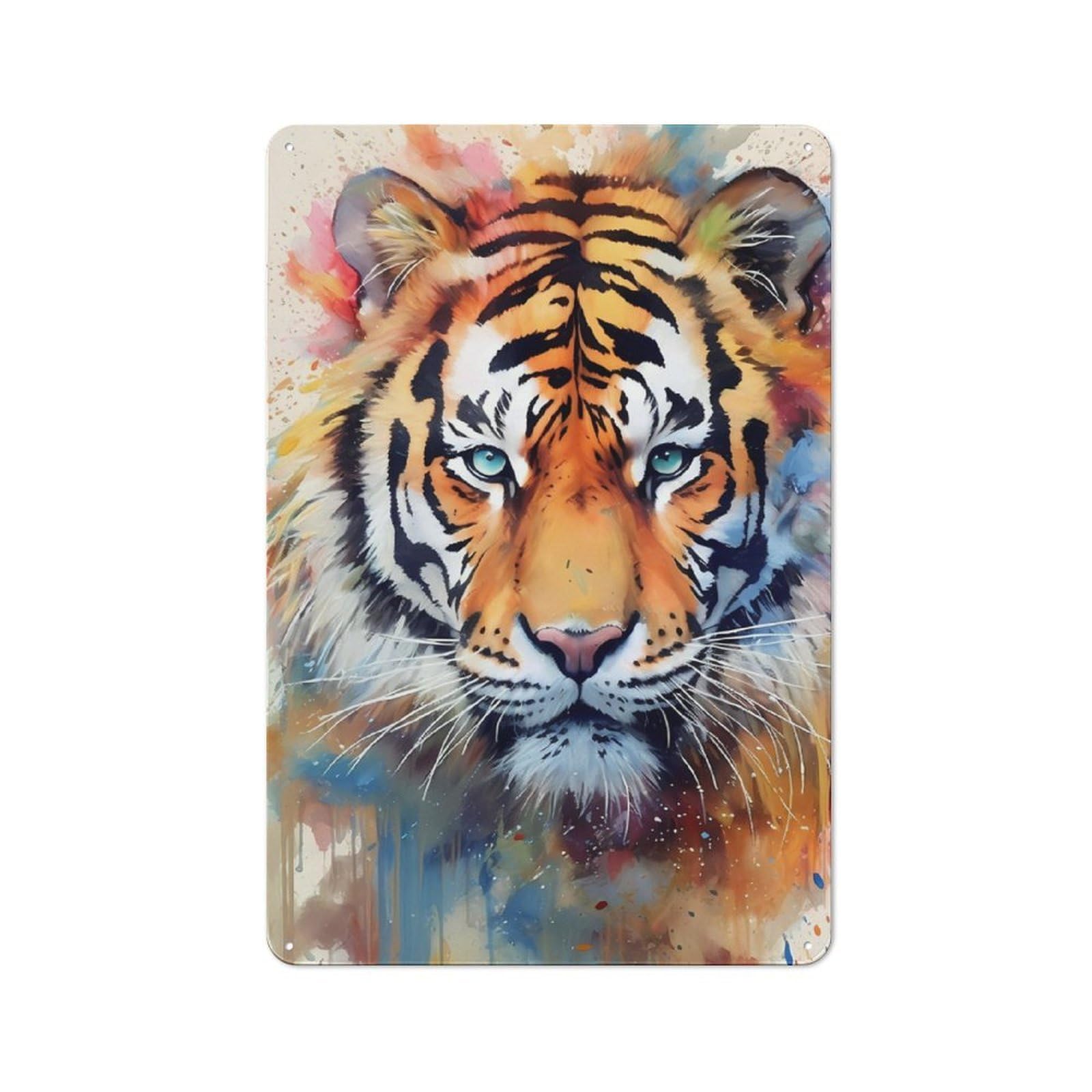 Junmoney Tiger Watercolors Retro-Style Tin Sign 30X20cm Featuring For Home Bar Wall, For Garage, Workshop And Man Cave Decoration