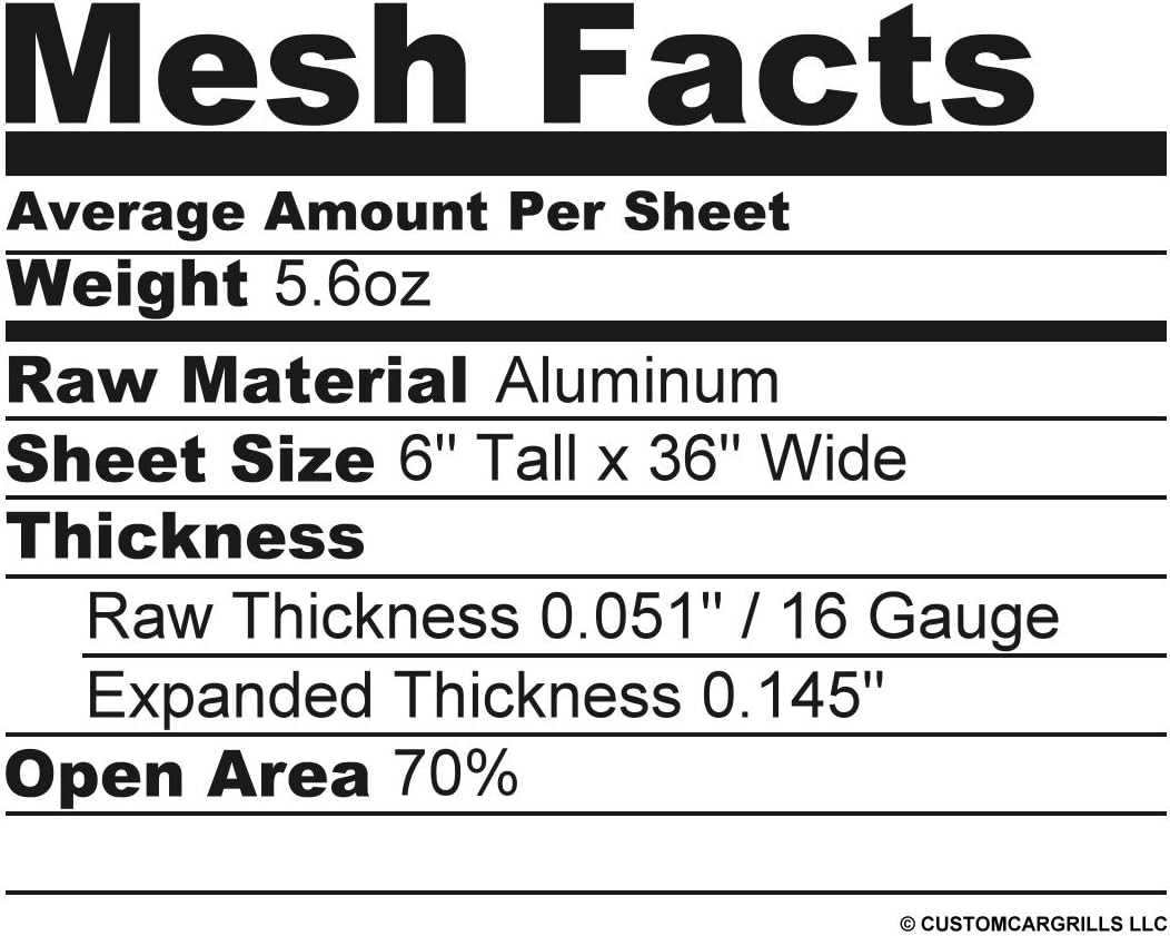 customcargrills 6"x36" Stacking Oval Grill Mesh Sheet - Gloss Black - Shipped Flat, 0.38 x 0.82 inch hole opening, 0.145" thick Aluminum, powder coated, Made in USA