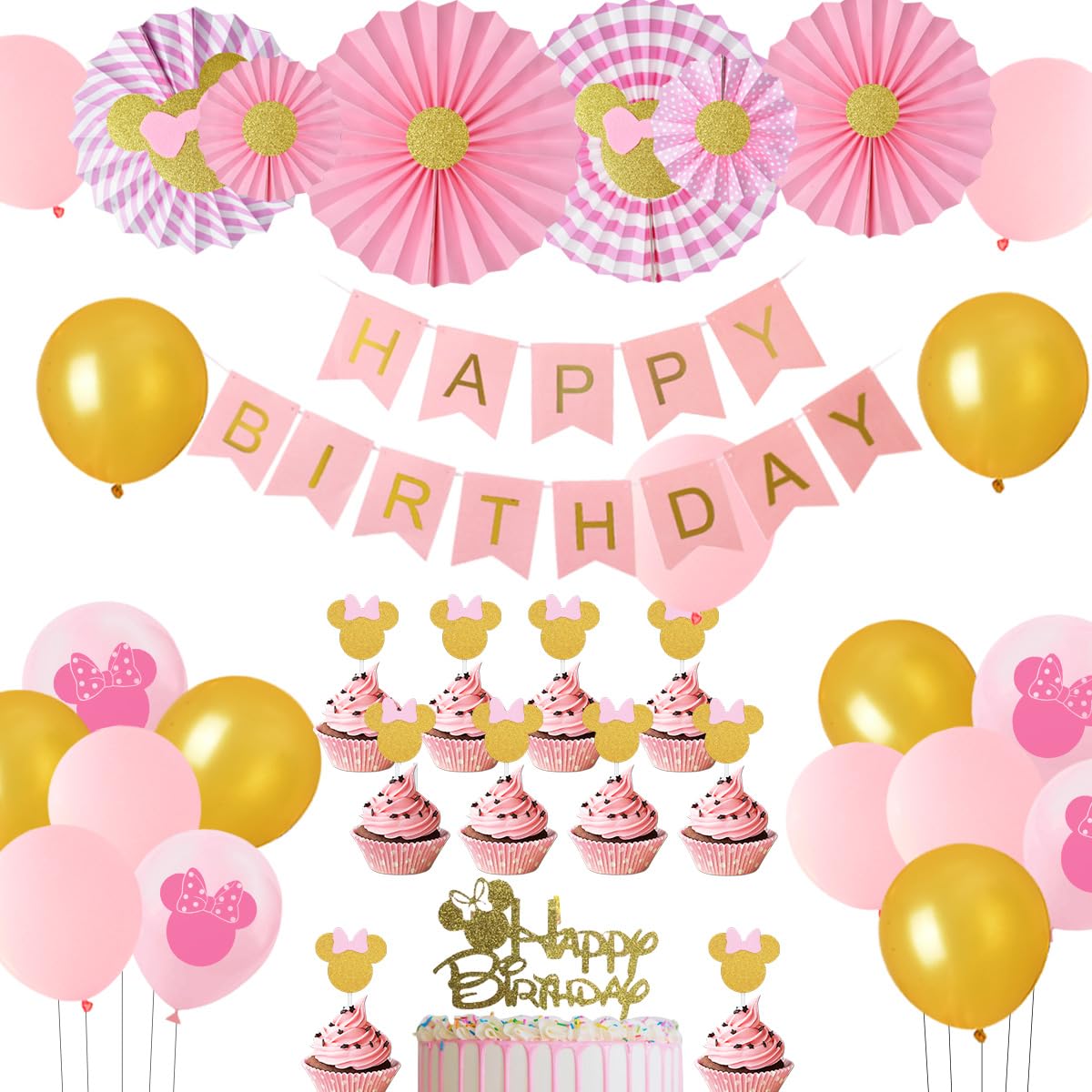 JOYMEMO Cartoon Mouse Themed Party Decorations Pink and Gold, Cartoon Mouse Head Balloons Paper Fans Cake Toppers, Girls 1st 2nd 3rd Birthday Party Supplies