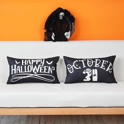 Miniatura 2 de ONWAY Fundas de almohada de Halloween de 12 x 20 pulgadas, juego de 2 almohadas lumbares negras para decoración de otoño de Halloween, fundas de