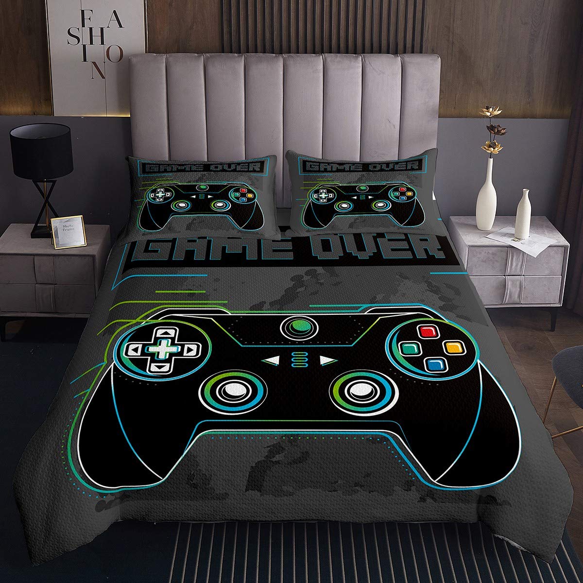 Gamepad Copriletto per ragazzi Gamer Coverlet Set e ragazzi Moderno Videogiochi Trapuntato Copertura Gioventù Novità Controller Trapuntato Arredamento Nero Grigio 3 Pz260x240cm