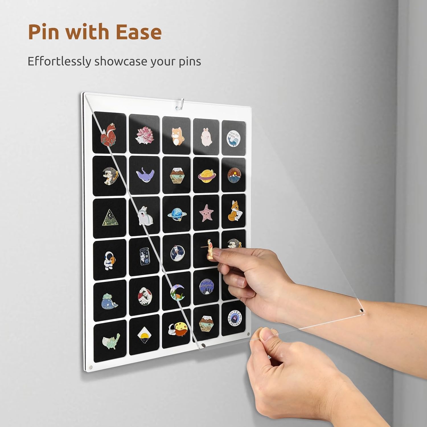 Clear Acrylic Pin Display Case, 30 Grids Pin Collection Display Organizer, Dust-Free Desktop and Wall Pin Holder Display Board for Enamel Pin, Jewelry Pins, 11x14 Inch