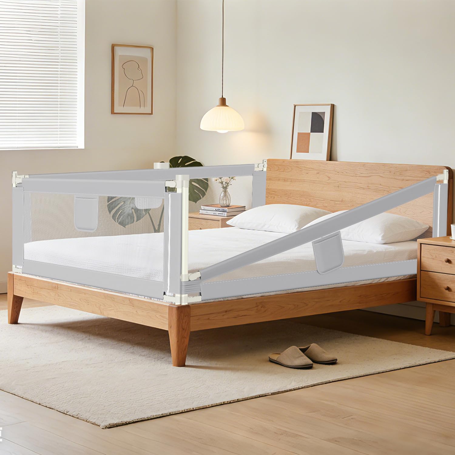 Barrera de cama para bebé, 200 × 80 cm, altura ajustable, barrera protectora para cuna de 64 – 96 cm, resistente con cierre de seguridad, tela transpirable, color gris