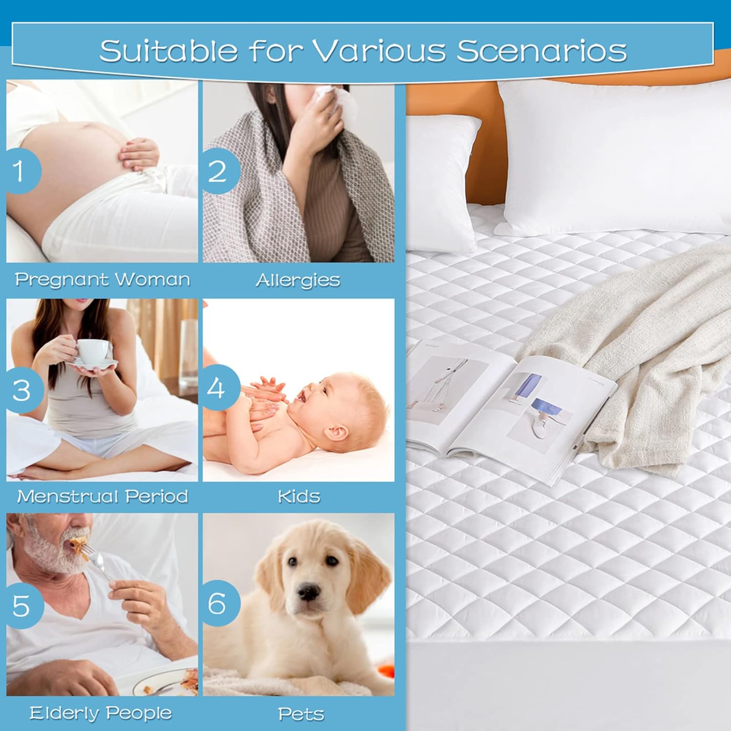 Queen Size Quilted Fitted Mattress Pad, 100% Waterproof Breathable Mattress Protector, Noiseless Hollow Cotton Mattress Topper, Fitted 8"-26" Deep, Dust Proof : Home & Kitchen