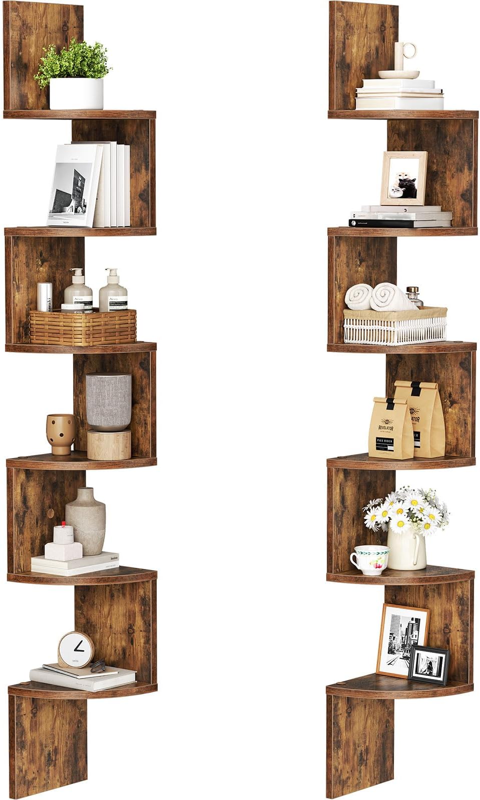 HOOBRO Corner Shelf Wall-Mounted, Set of 2 Floating Corner Shelves for Wall, 6-Tier Corner Bookshelves for Living Room, Bedroom, Bathroom, Home Office, Rustic Brown BF27BJP201