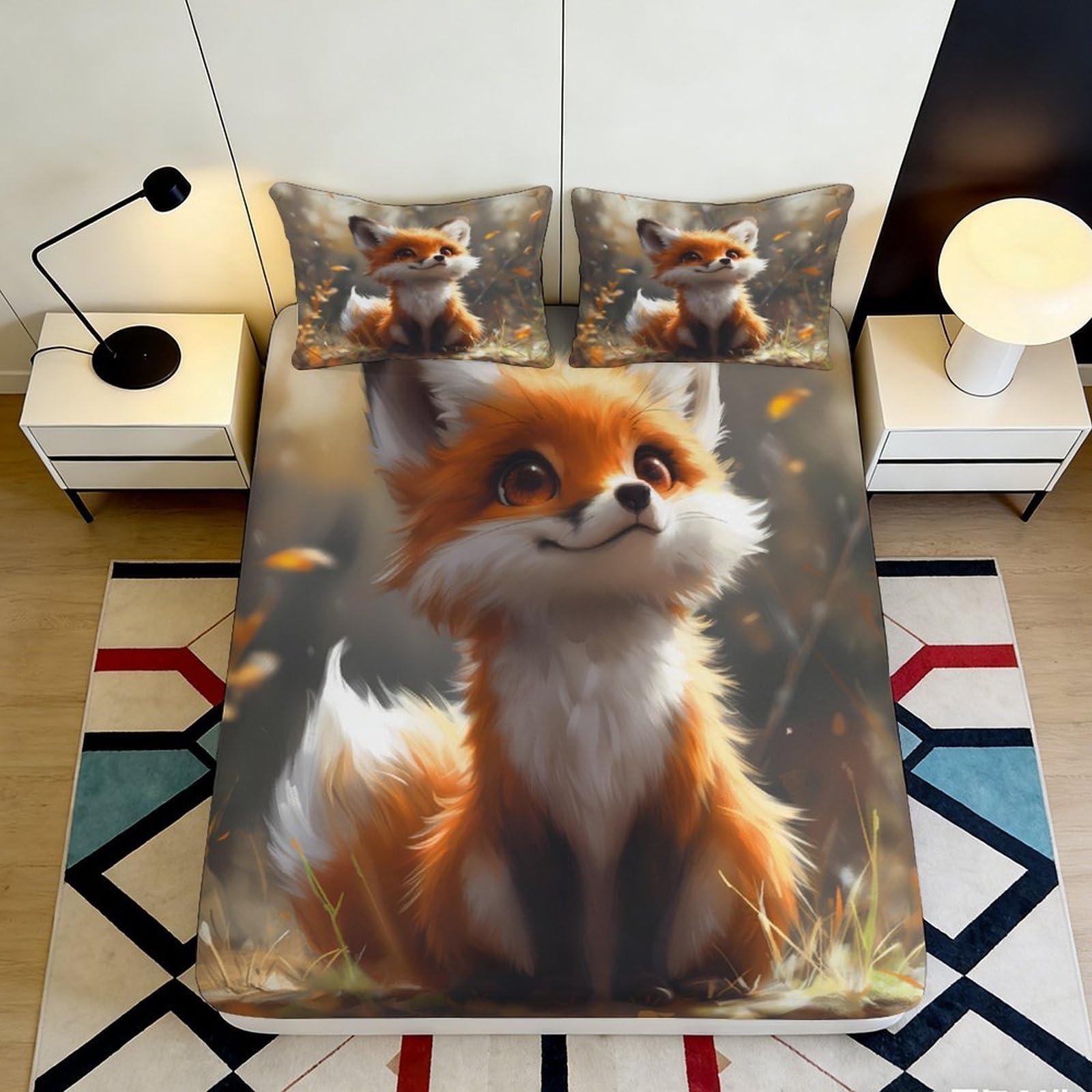 3D Printed fox design Fitted Sheet, soft touch Microfiber, anti-slip, wrinkle resistant, apartment bedding, bedroom decor, easy to remove, home use, bed cover, machine washable, 118 chars 90x200x25cm