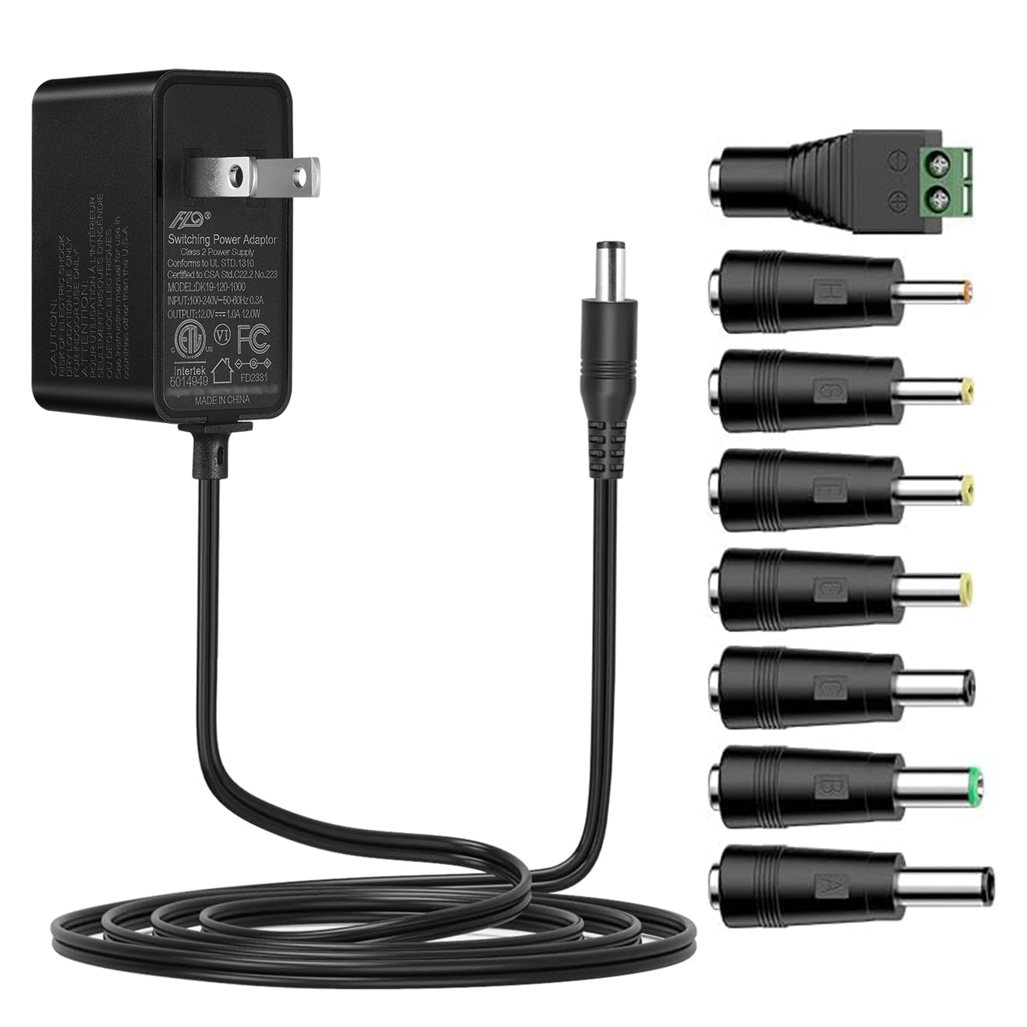 Tonton 12V 1A 10ft AC/DC Long Power Supply Adapter Cord 12W Wall Charger AC 100V-240V to DC 12 Volt with 8 Tips for LED Strip Light, CCTV Camera, BT Speaker, GPS, Webcam, Router, UL/CE/FCC Certified