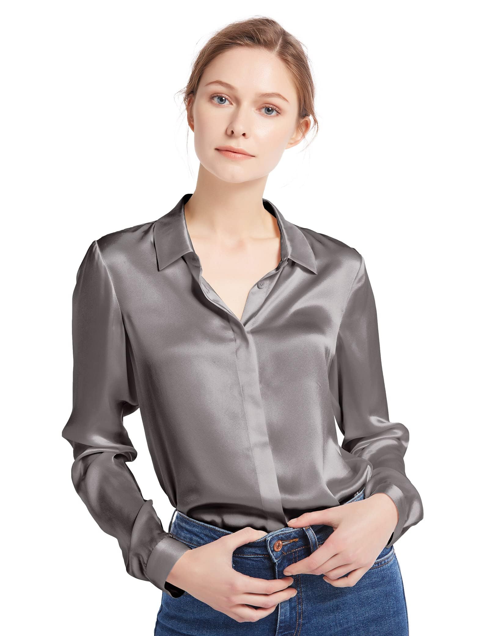 LilySilk Damen Hemdbluse Seide Elegant Sommerliche Damenbluse Shirt mit Verdeckter Knopfleiste von 22 Momme Oberteile Business Verpackung MEHRWEG L Grau
