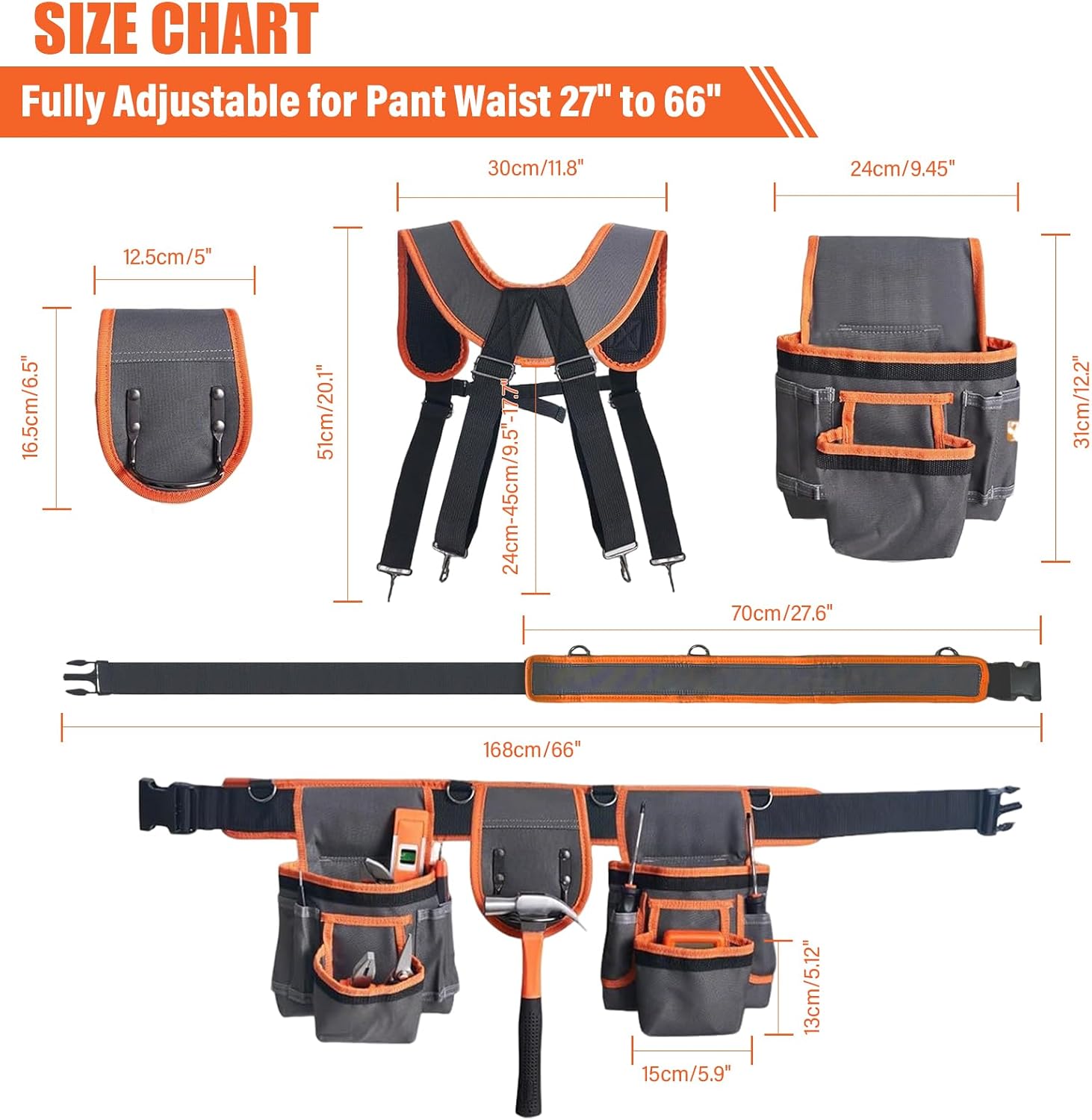 Tool Belt With Suspenders, Heavy Duty Detachable Tool Belts for Men with 18 Pockets, Tool Belt with Adjustable 27 to 66 Inches Detachable Waist for Electricians, Carpenters, Framers, Grey-Orange