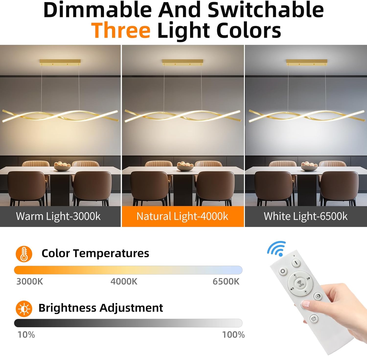 Modern Gold Ceiling Pendant Light, 57IN Chandelier with Remote Control 3000k-6500K Adjustable Color Temperature,Aluminum Island Lighting Lamp for Dining Room, Living Room, Island