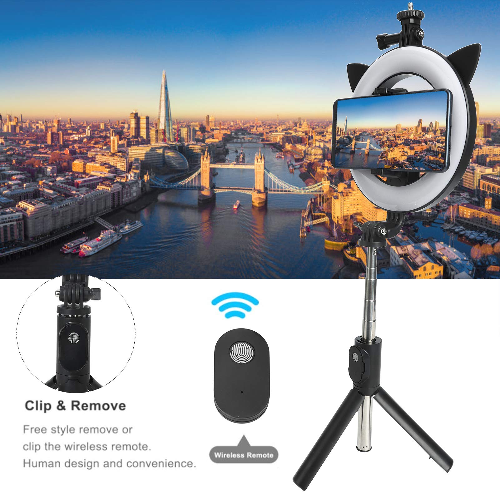 Selfie Stick con luce di riempimento per orecchie di gatto Bluetooth Otturatore remoto Supporto per telefono estensibile in ABS in acciaio inossidabile 9 livelli di luce