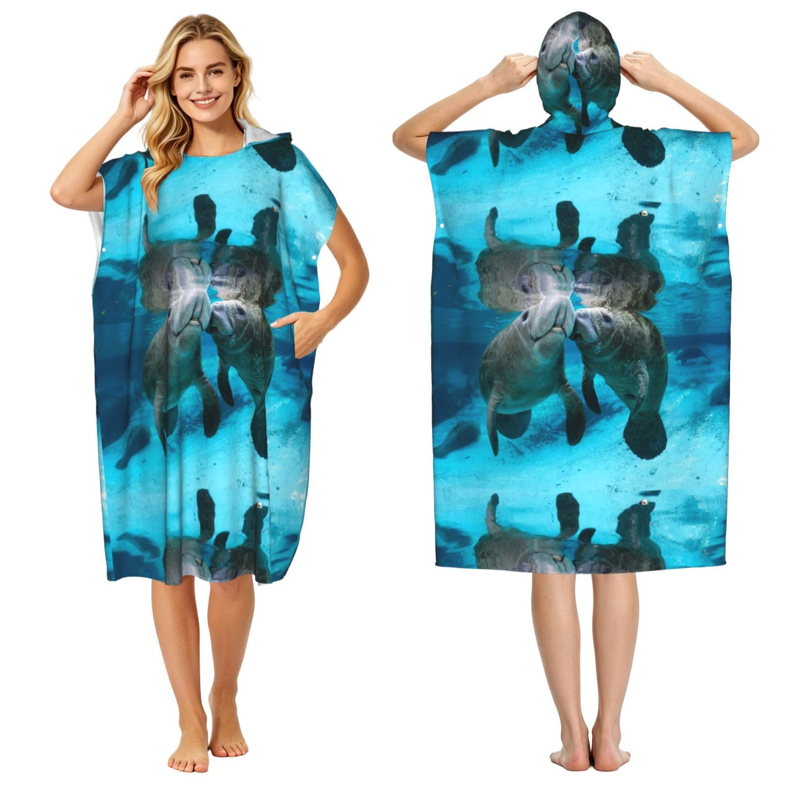 Poadnly Lovely Manatee Lovers Kiss, Adult Hooded Beach Towel 90 x 110 cm,Changing Bath Robe, Surf Poncho Towel For Women Men