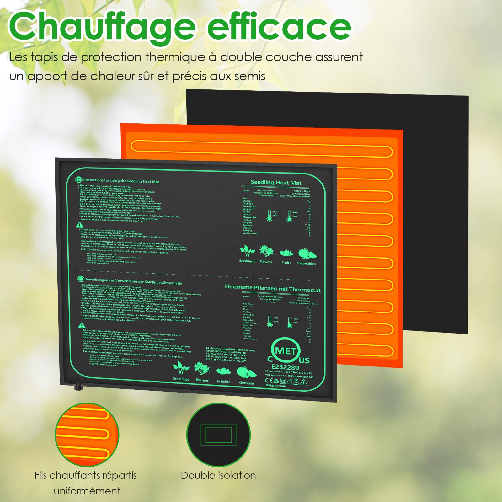Thermostat Terrarium Tapis Chauffant 70W, 52×50cm IPX4 Étanche, Fil Chauffant en Silicone et Coton Aiguilleté, Tapis Chauffant Plante avec Contrôleur, 20-45℃, pour Semis, Animaux et Reptiles