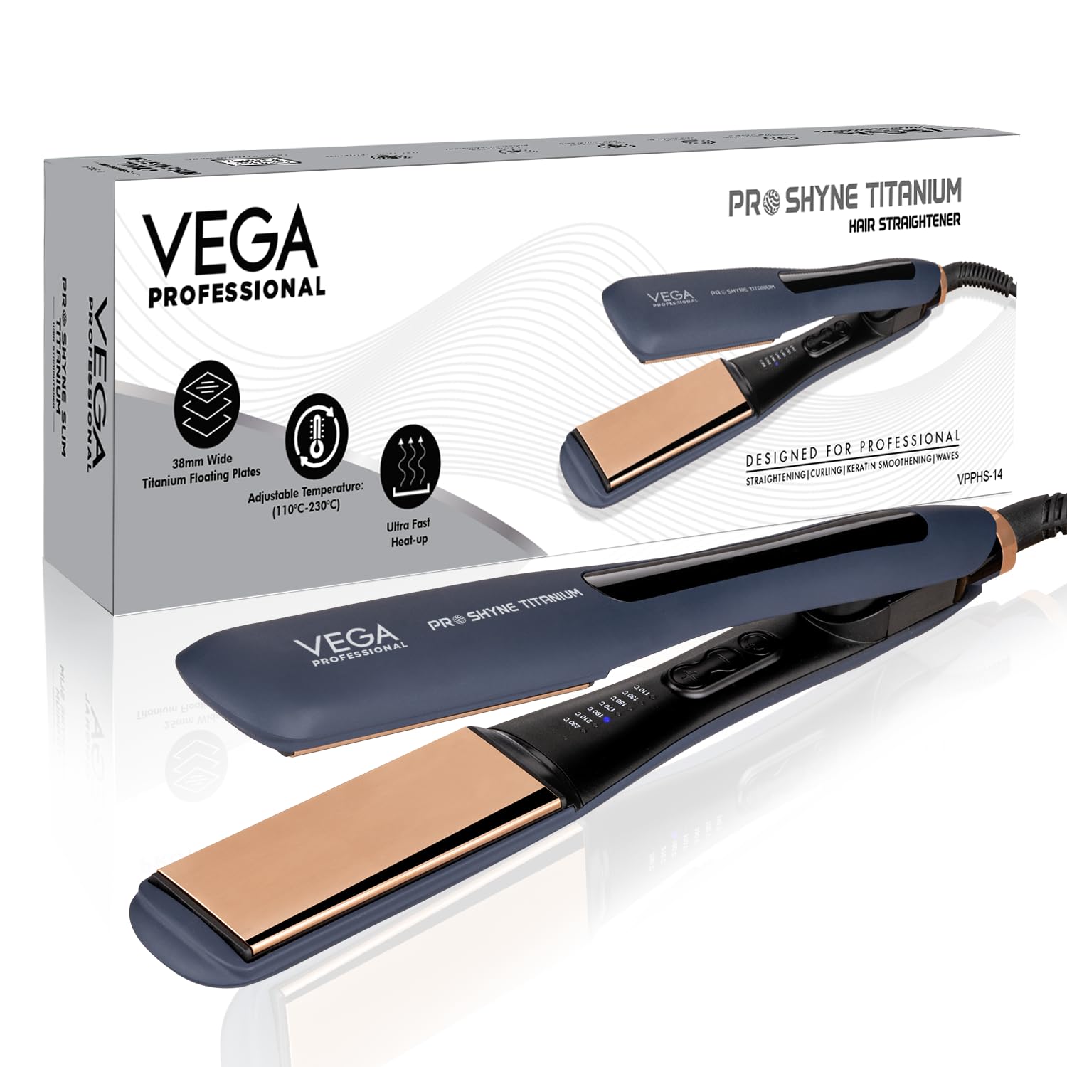 Vega Professional Pro-Shine Titanium Hair Straightener with 38mm Wide Rose Gold Titanium Floating Plates for Salon, Blue, (VPPHS-14)-picture-27
