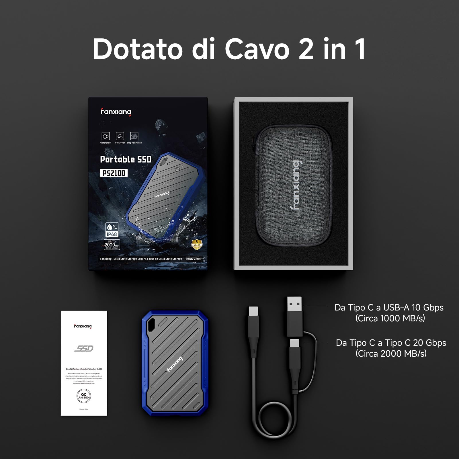 fanxiang SSD Esterno 2TB, Fino a 2000 MB/s, SSD Portatile USB-C 3.2 Gen 2x2, IP68 Impermeabile, Antipolvere e Antiurto, Hard Disk Esterno per iPhone 15/16/17, PS5/PS4 (Pro), Xbox, PC, Laptop - PS2100