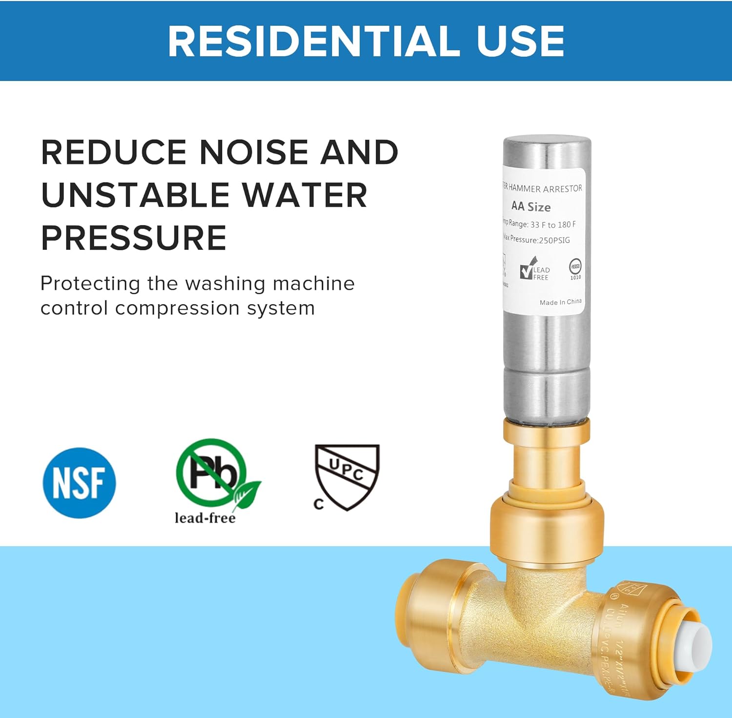 (2-Pack) Yqimtion Push to Connect Water Hammer Arrestor, Tee, 1/2" Pushfit to Connect Pex,Copper,CPVC,PE-RT for Faucet,Dishwasher,Washer Plumbing Connection, Reduce Banging Noise