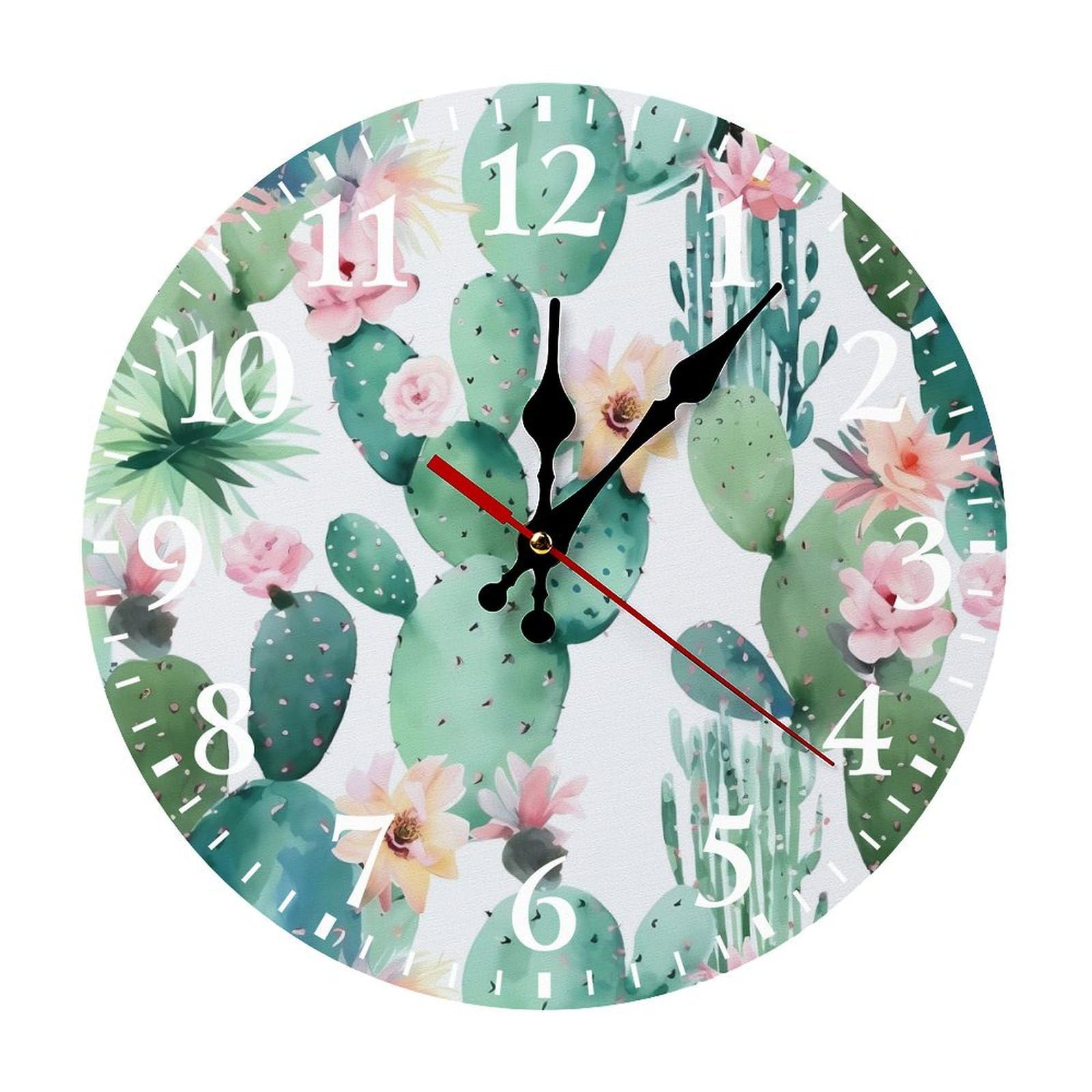 NTVOWPZO 10 Inch Wall Clock Cactus Pattern Battery Operated Wall Clocks Silent Non-Ticking Round Wall Clock for Living Room Kitchen Home Office Wall Decorative Clock